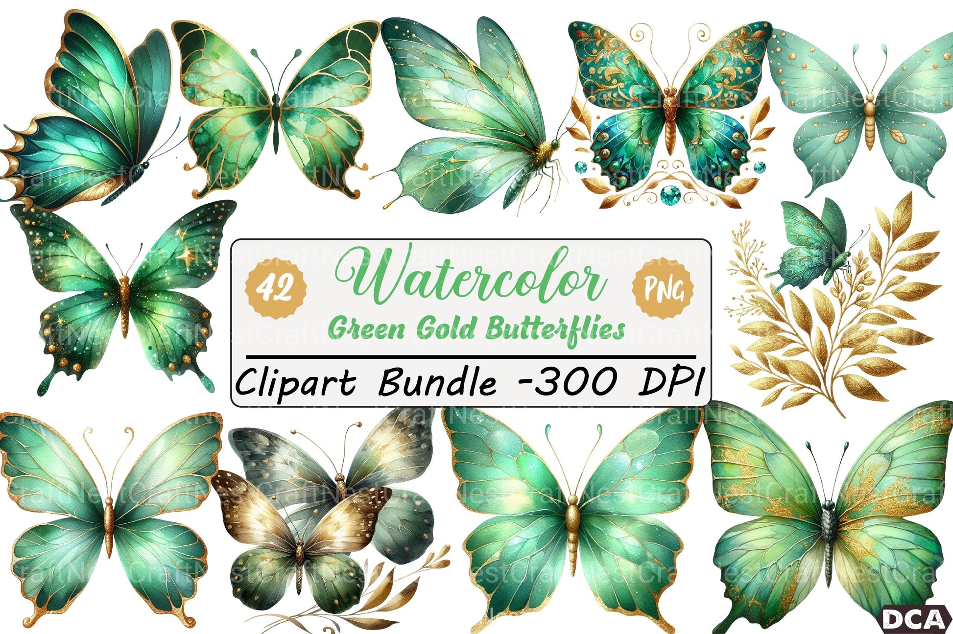 Green Gold Butterflies Clipart Bundle - CraftNest - Digital Crafting and Art