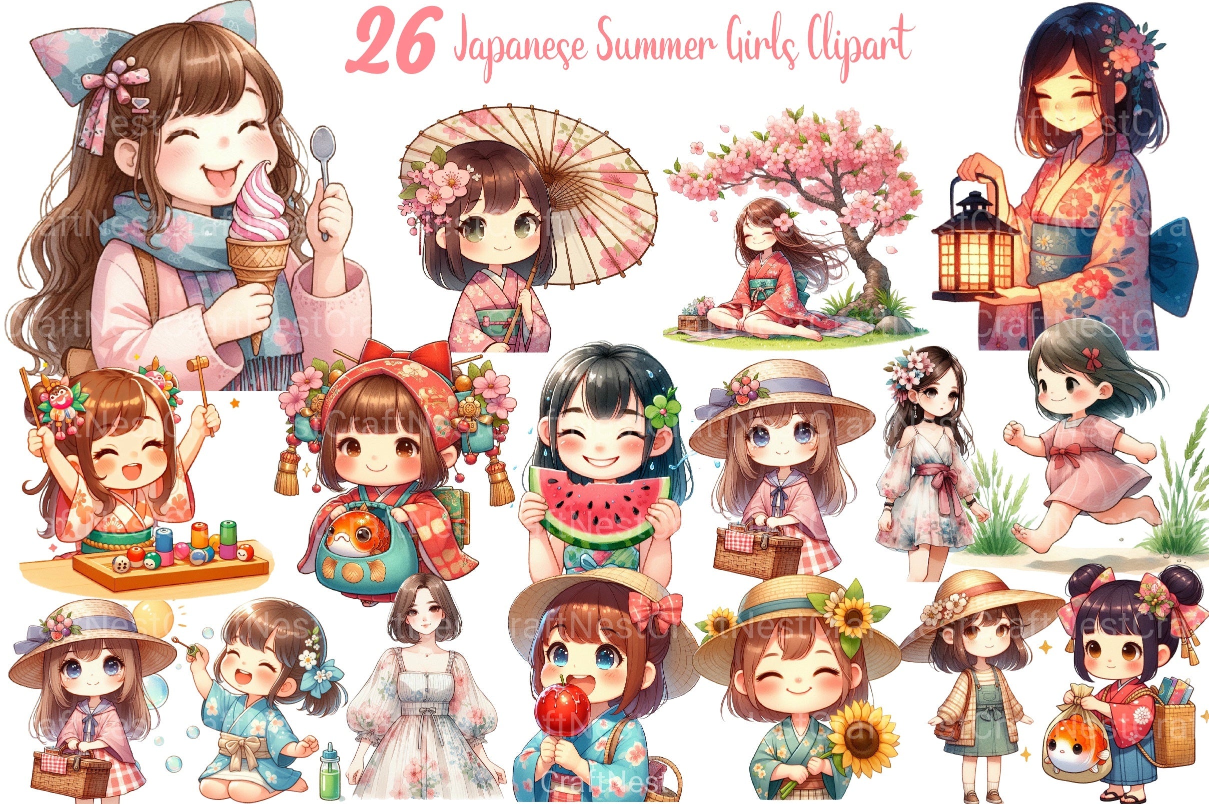 Japanese Summer Girls Clipart Bundle - CraftNest - Digital Crafting and Art