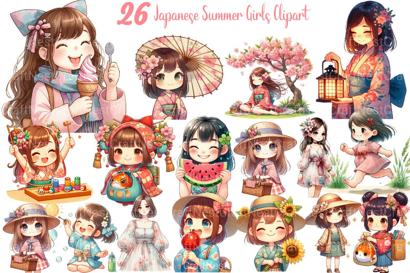 Japanese Summer Girls Clipart Bundle - CraftNest - Digital Crafting and Art