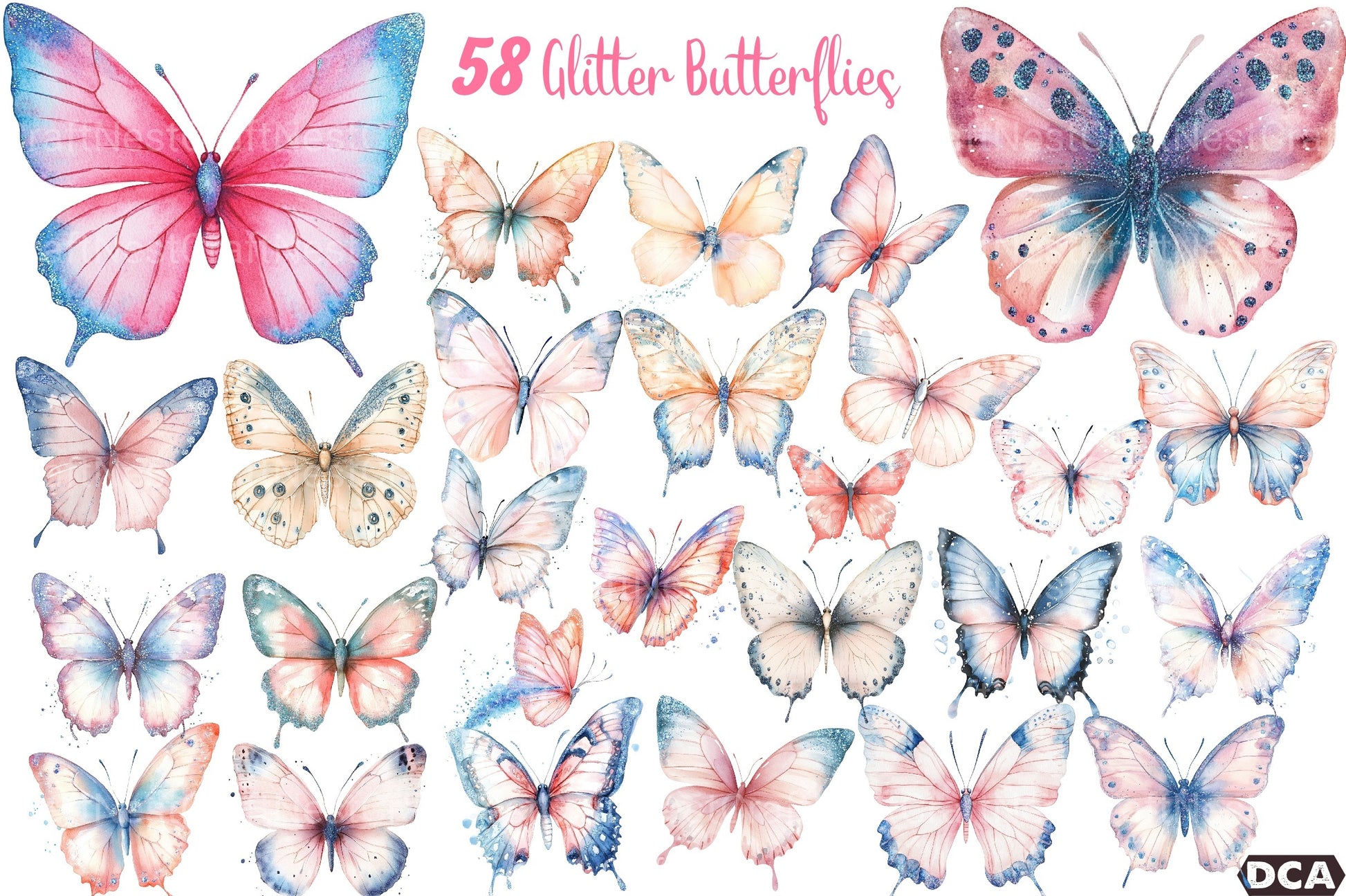 Blush Blue Glitter Butterflies Clipart Bundle - CraftNest - Digital Crafting and Art