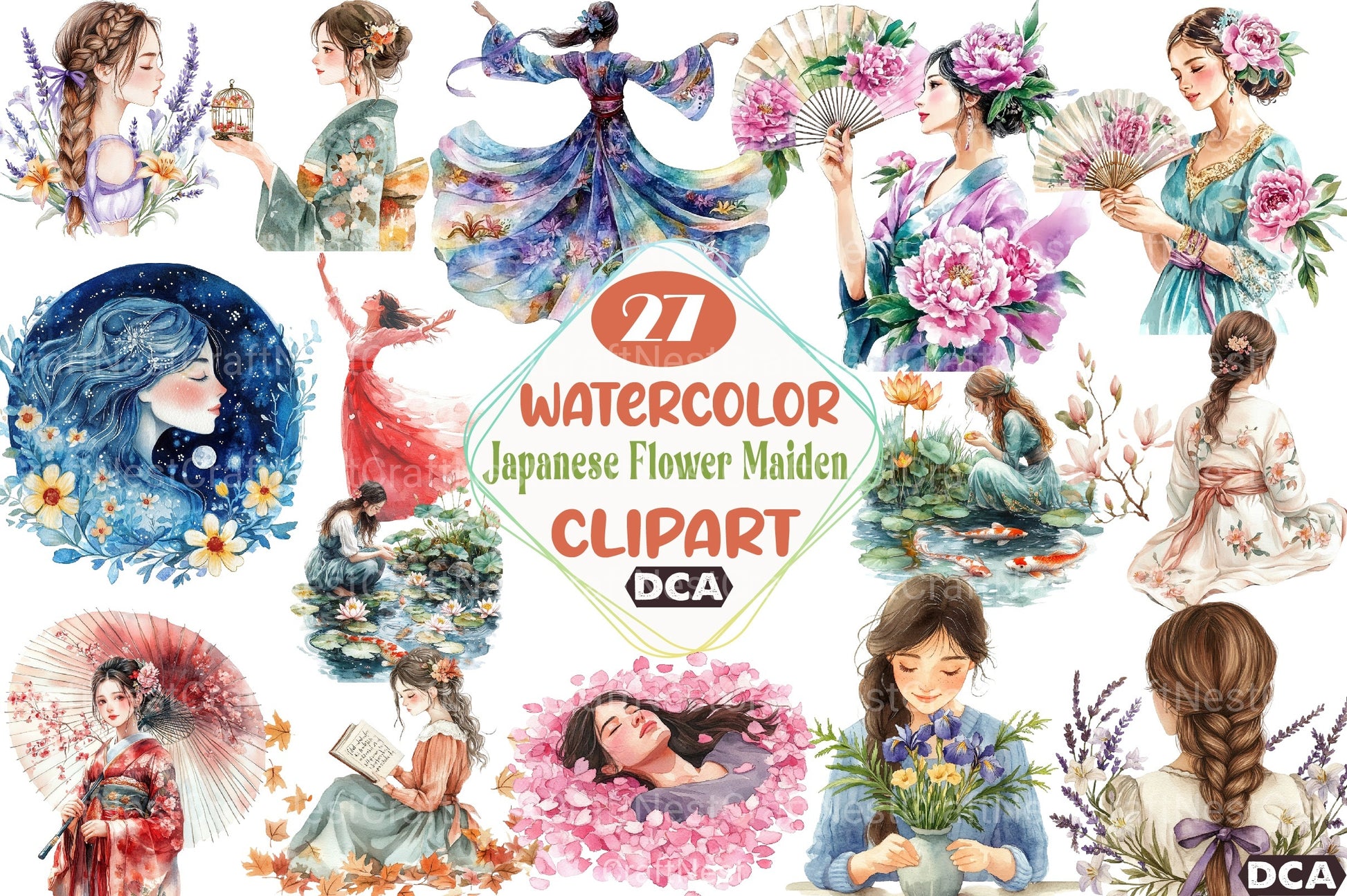 Japanese Flower Maiden Clipart Bundle - CraftNest - Digital Crafting and Art