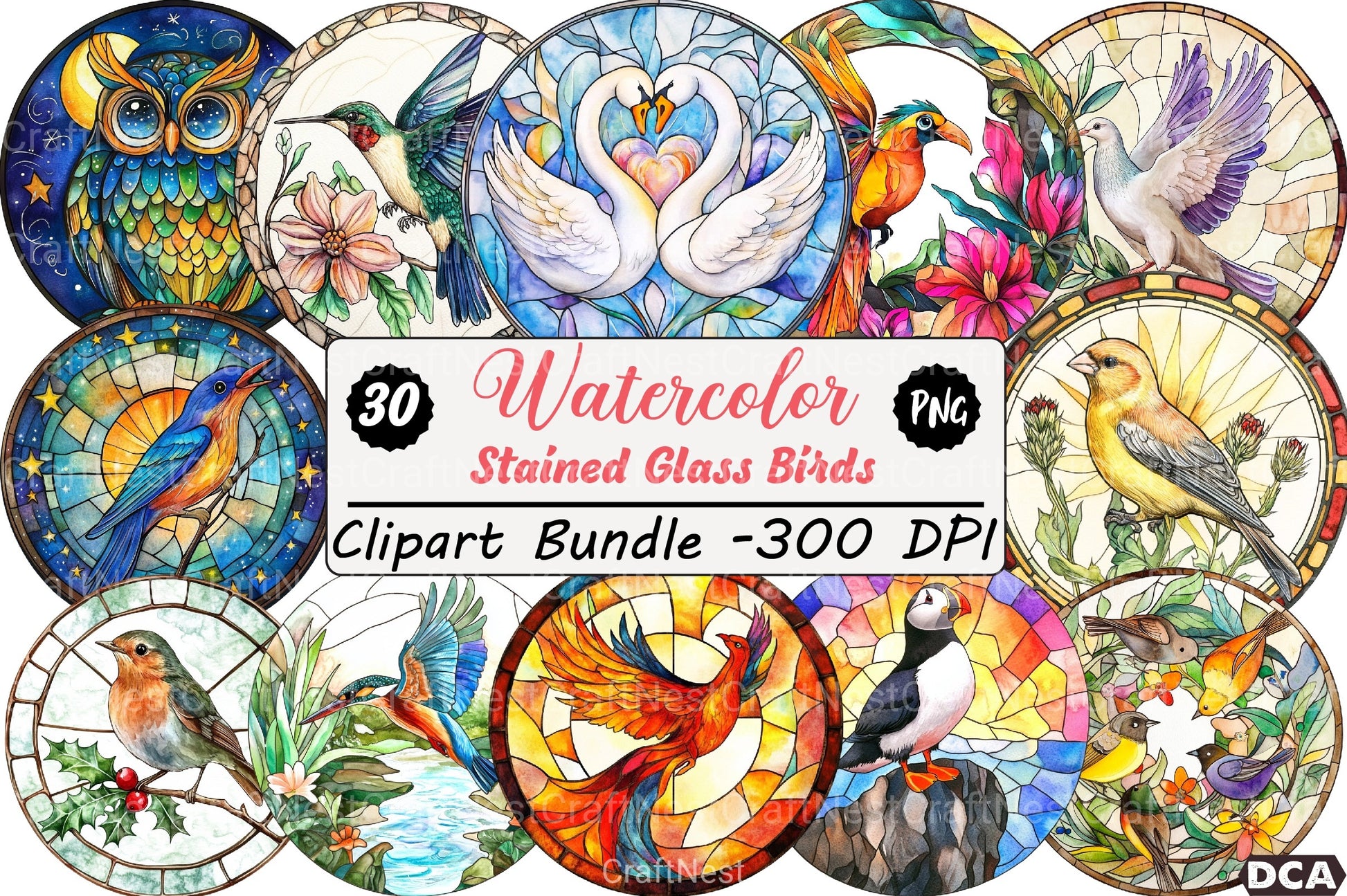 Round Stained Glass Birds Clipart Bundle 4 - CraftNest - Digital Crafting and Art