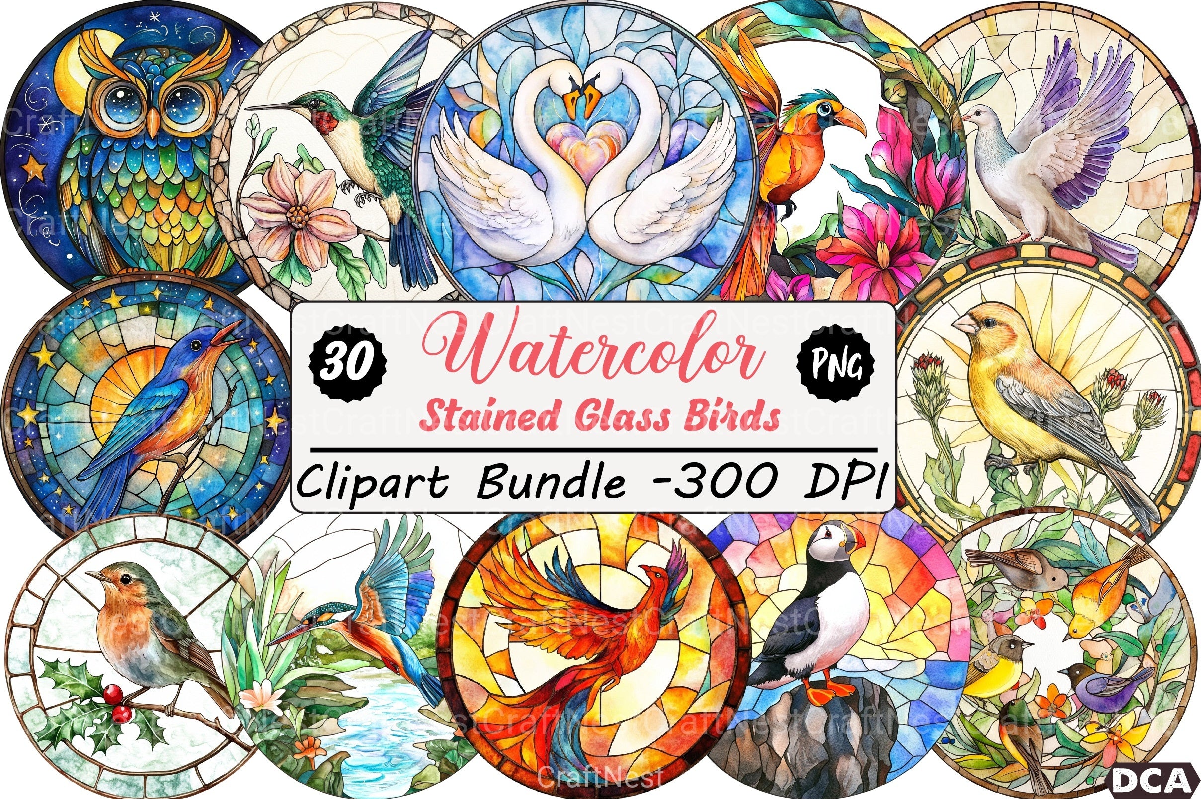 Round Stained Glass Birds Clipart Bundle 4 - CraftNest - Digital Crafting and Art