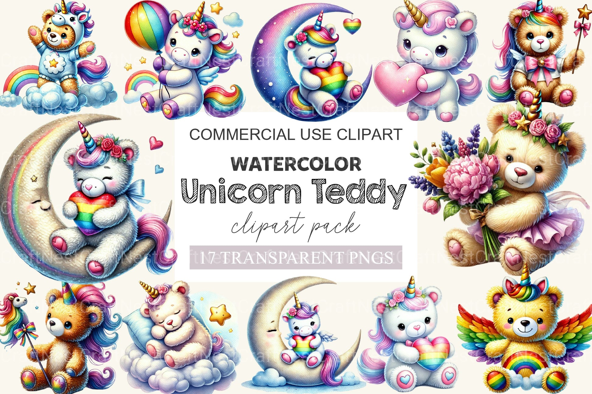 Unicorn Teddy Bear Clipart Bundle - CraftNest - Digital Crafting and Art