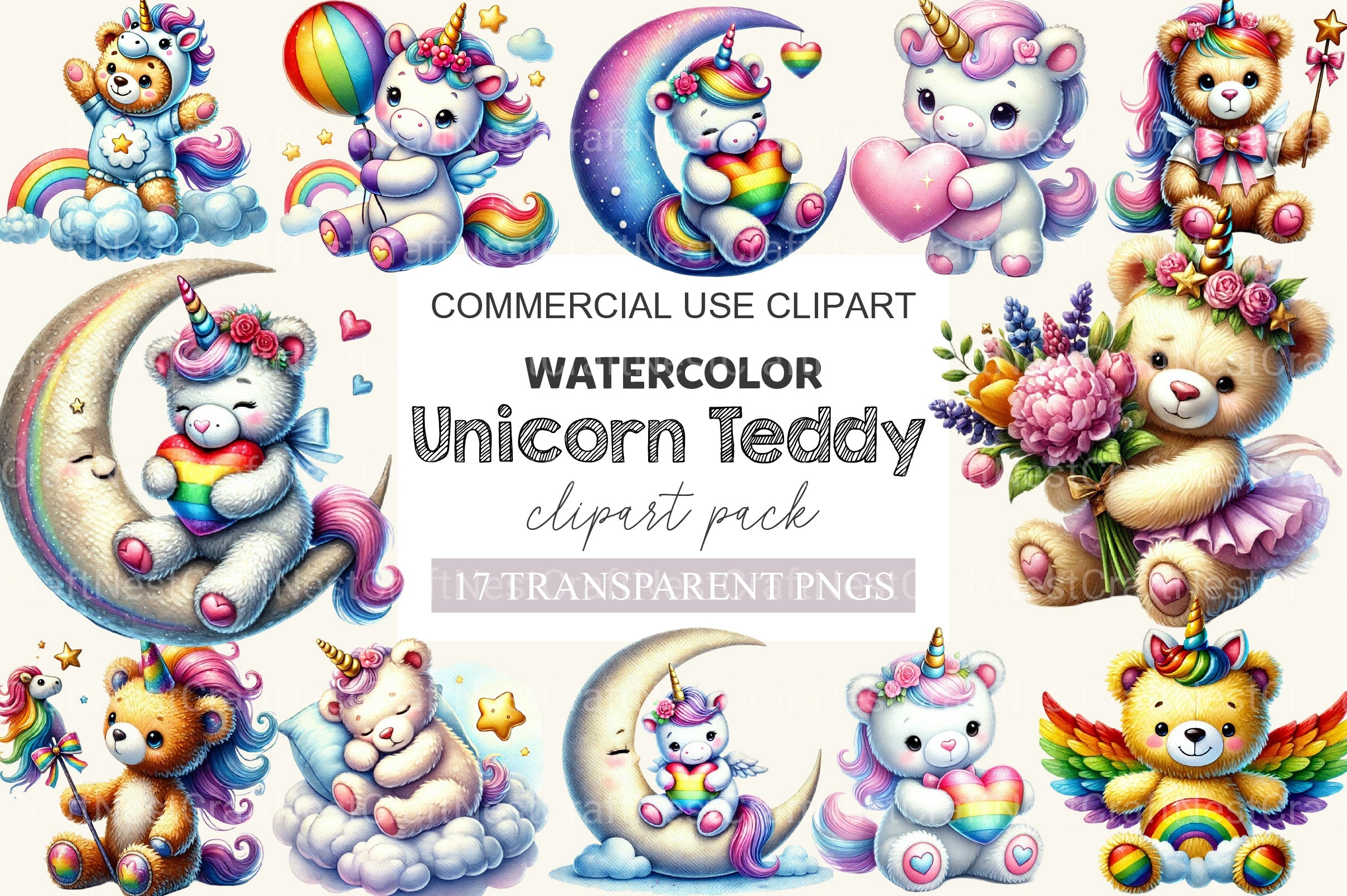 Unicorn Teddy Bear Clipart Bundle - CraftNest - Digital Crafting and Art