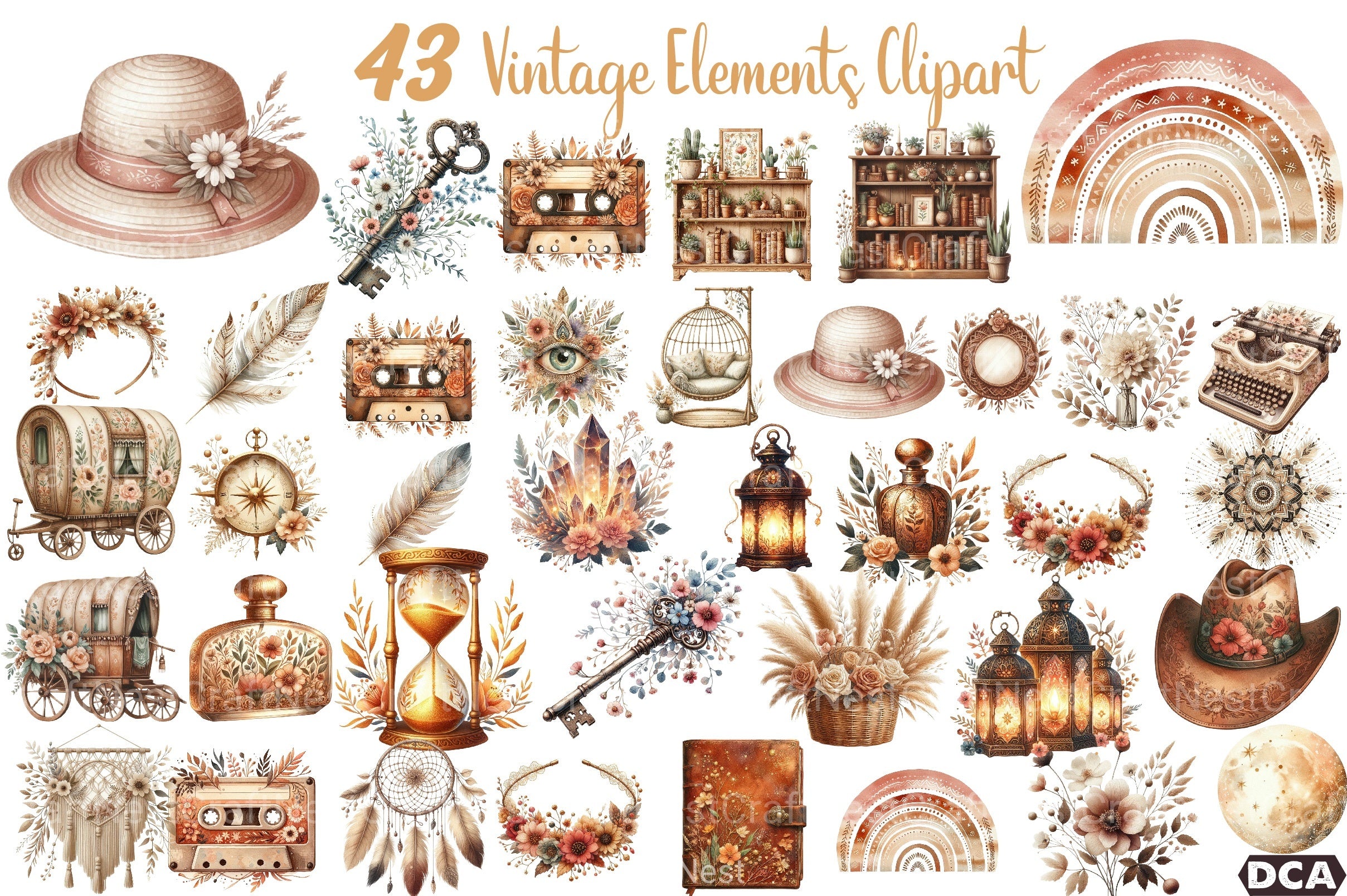 Boho Vibes Vintage Elements Clipart Bundle - CraftNest - Digital Crafting and Art