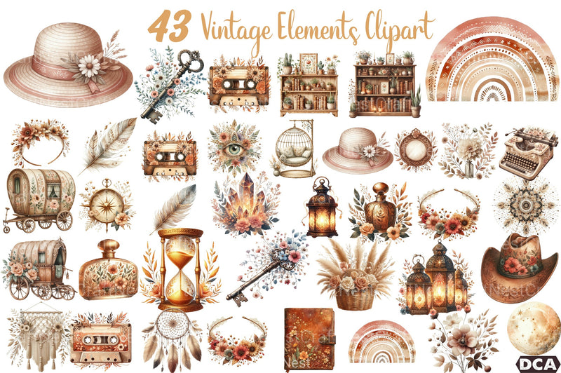 Boho Vibes Vintage Elements Clipart Bundle - CraftNest - Digital Crafting and Art