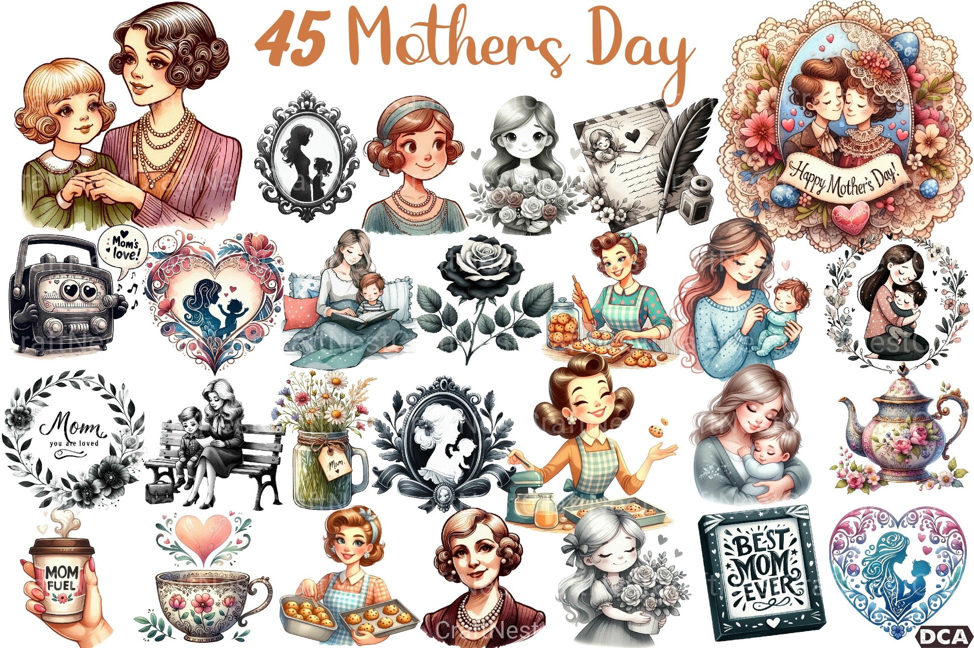 Black and White Mother's Day Clipart Bundle - CraftNest - Digital Crafting and Art