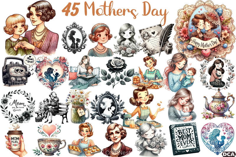 Black and White Mother's Day Clipart Bundle - CraftNest - Digital Crafting and Art