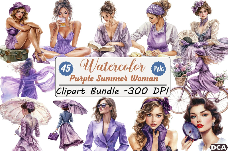 Purple Summer Vintage Woman Clipart Bundle - CraftNest - Digital Crafting and Art