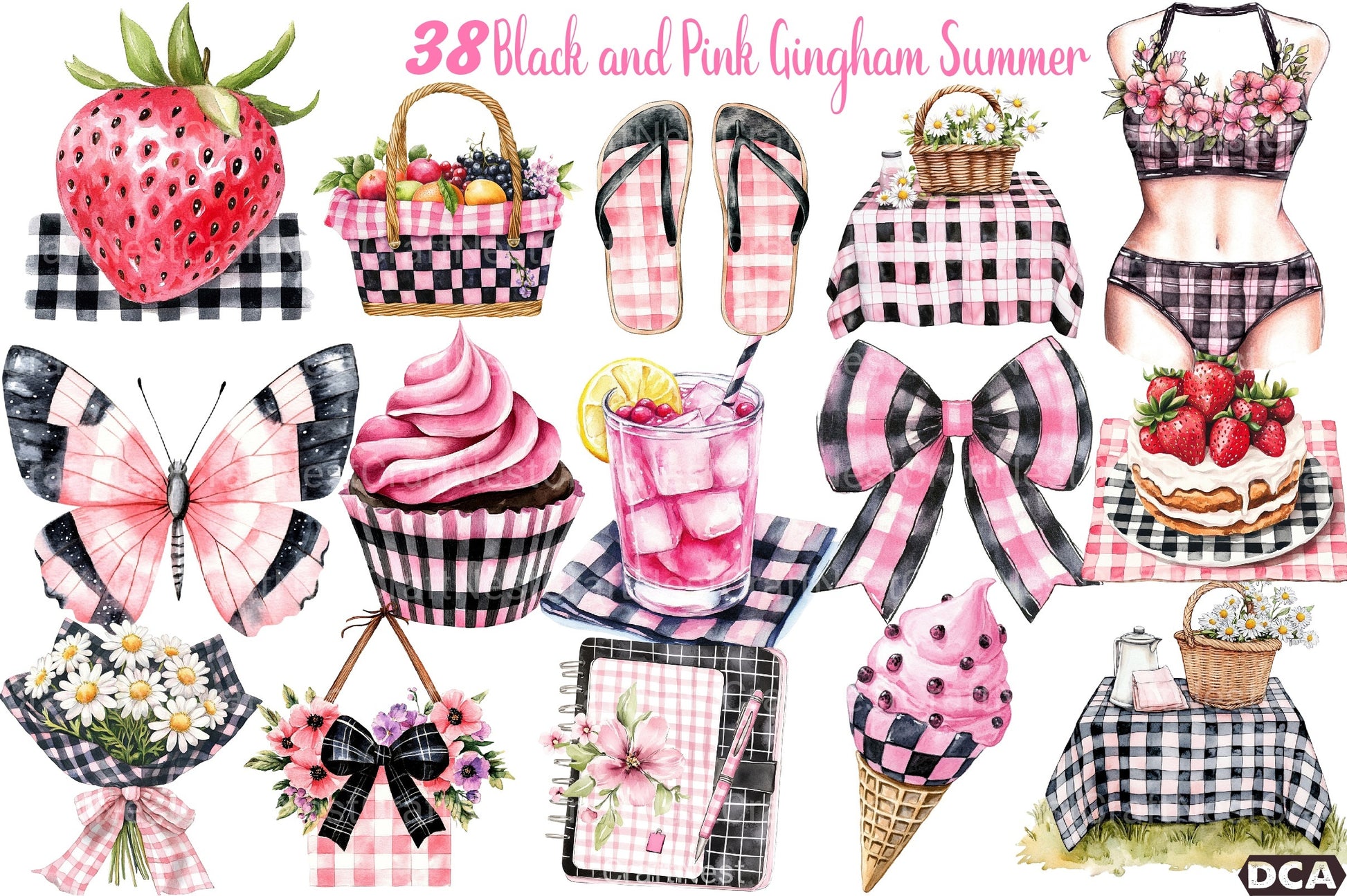 Black and Pink Gingham Summer Clipart Bundle 2 - CraftNest - Digital Crafting and Art