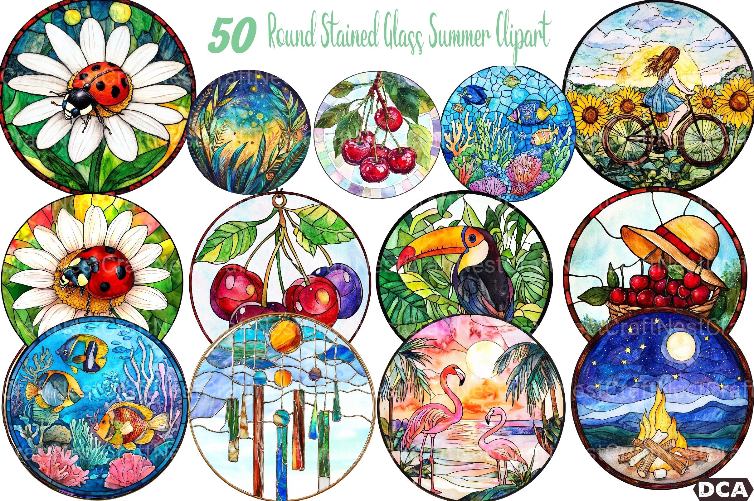 Round Stained Glass Summer Clipart Bundle 44 - CraftNest - Digital Crafting and Art