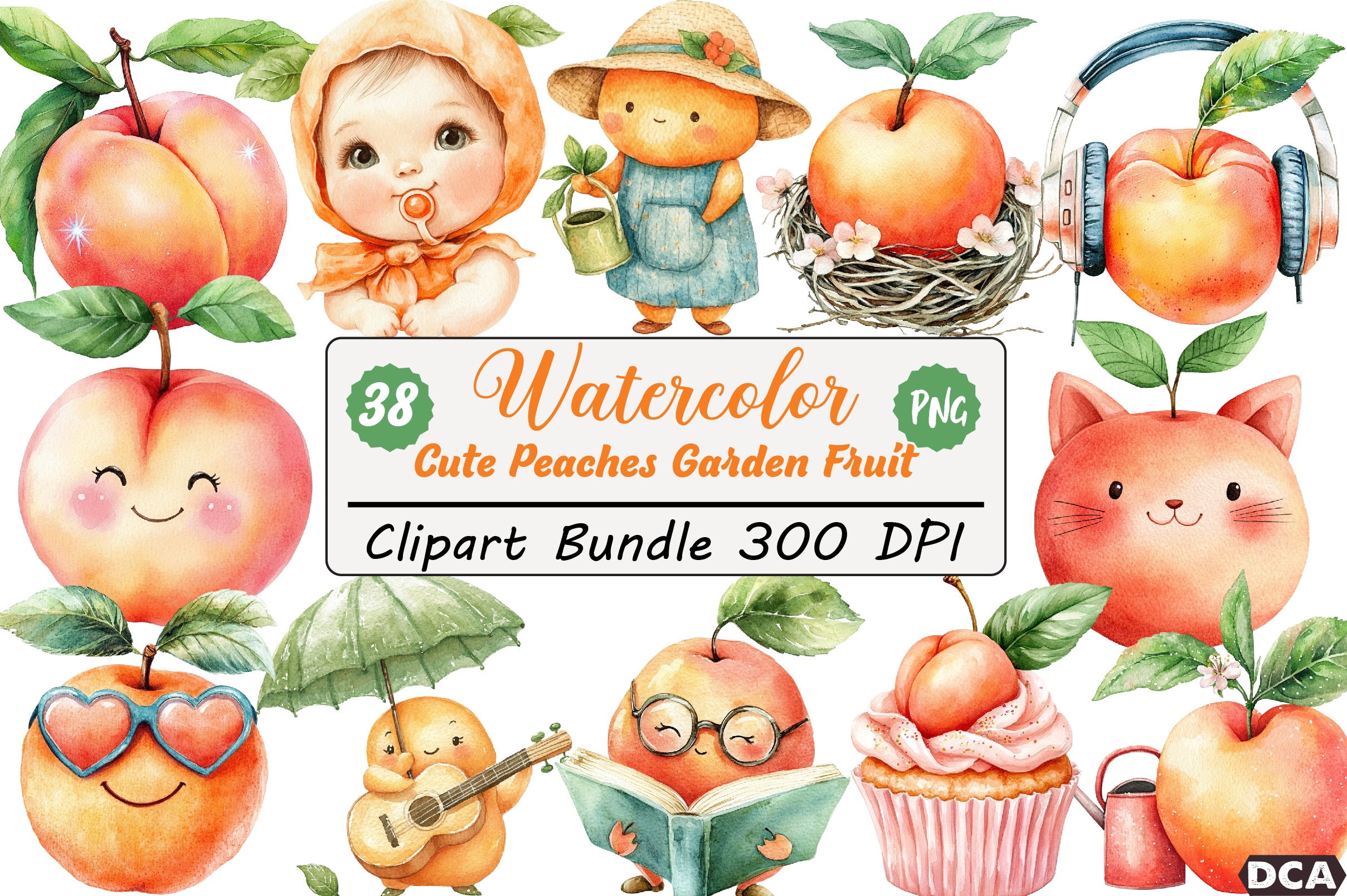 Cute Peaches Garden Fruit Clipart Bundle