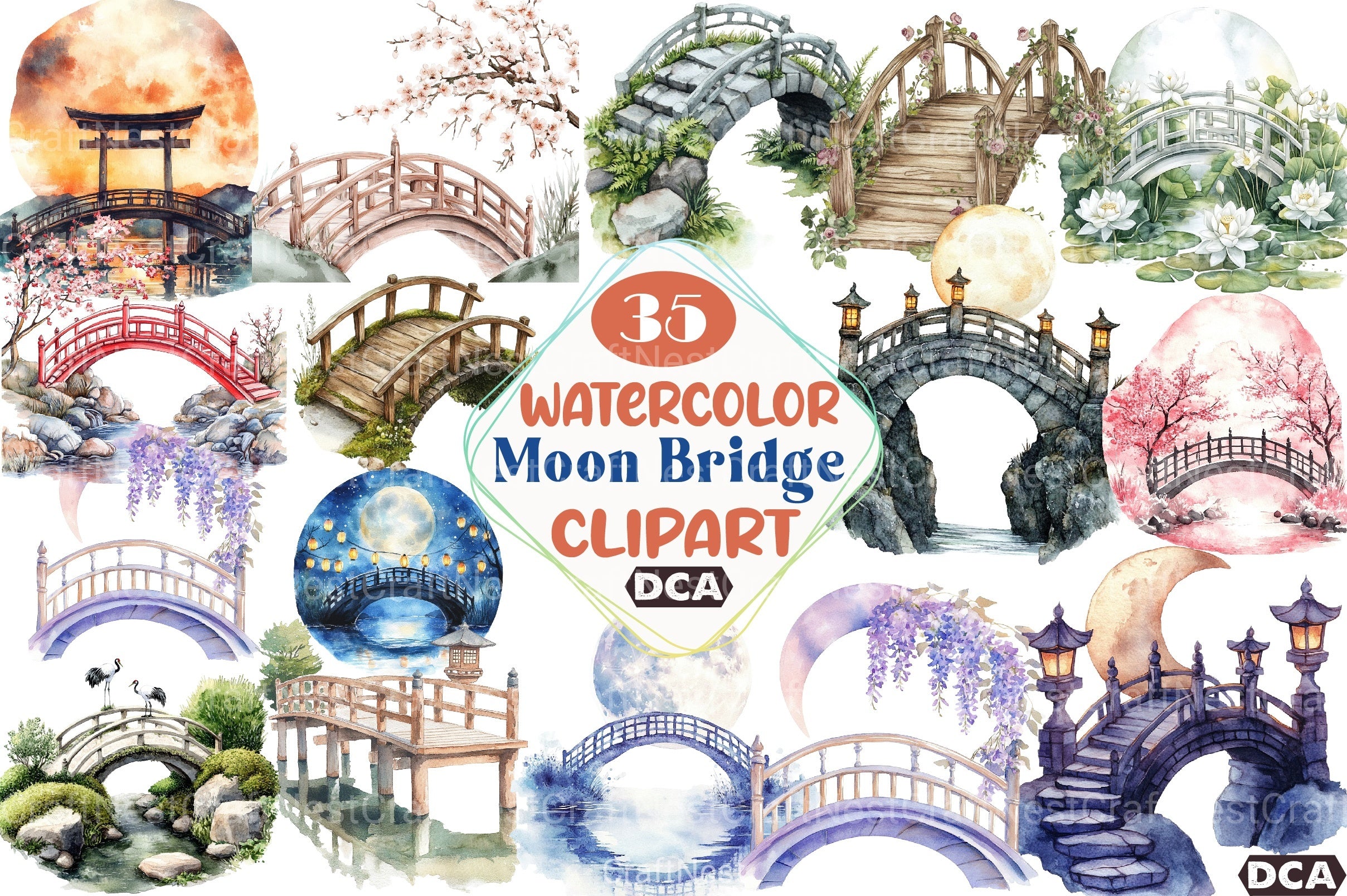 Serene Japanese Moon Bridge Clipart Bundle - CraftNest - Digital Crafting and Art