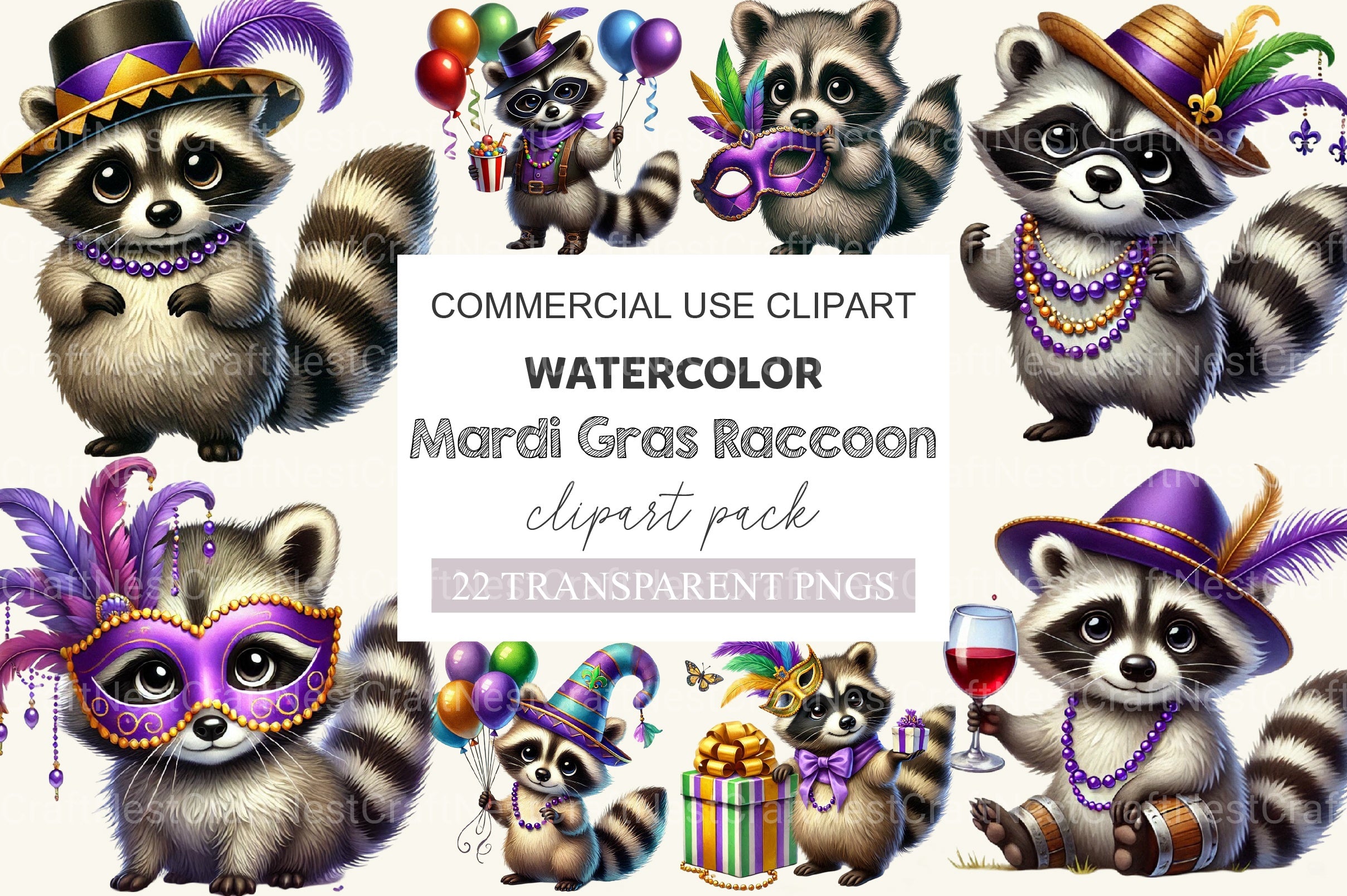 Mardi Gras Raccoon Clipart Bundle 1 - CraftNest - Digital Crafting and Art