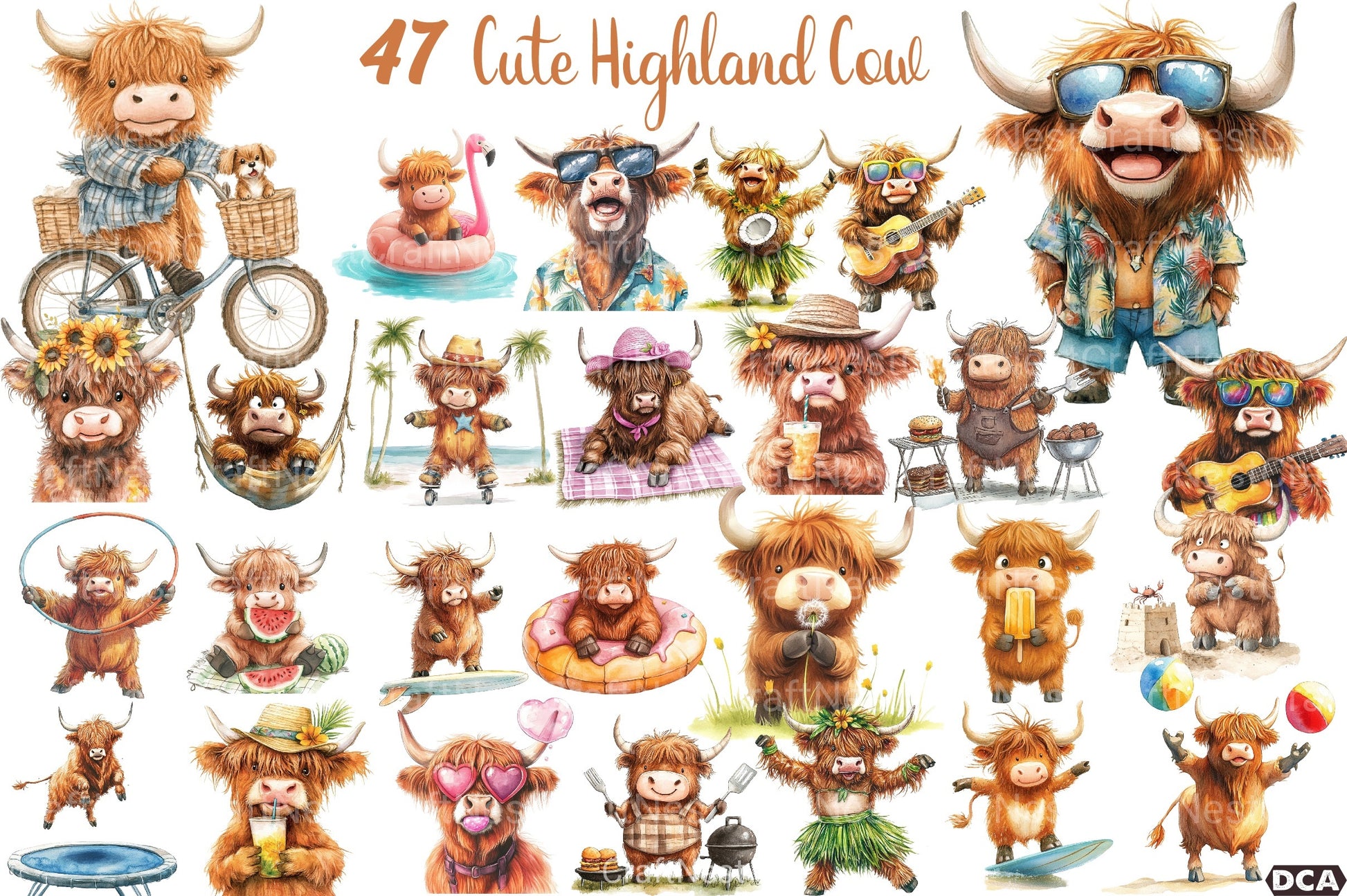 Summer Funny Cute Highland Cow Clipart Bundle - CraftNest - Digital Crafting and Art