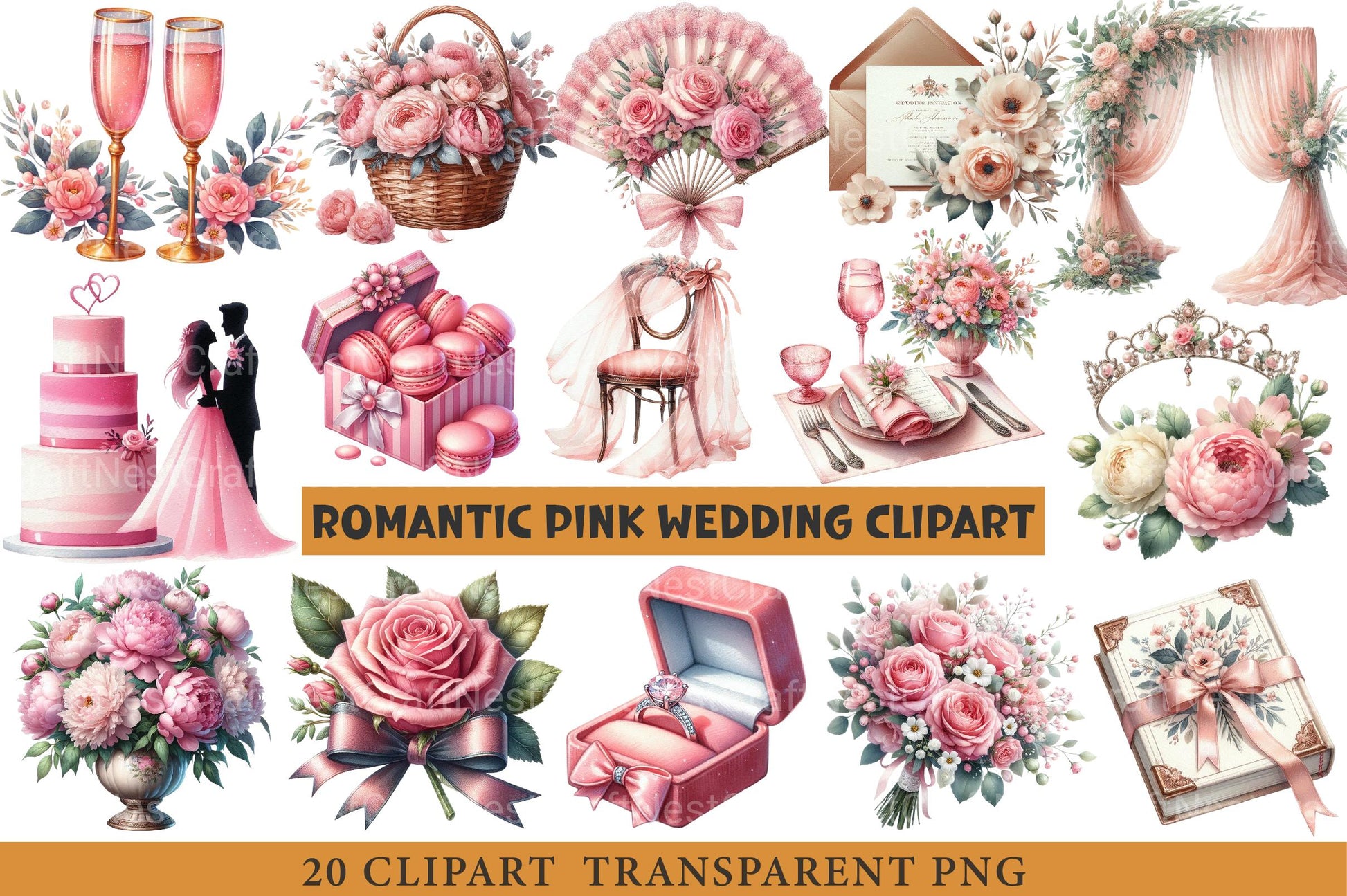 Romantic Pink Wedding Clipart - CraftNest - Digital Crafting and Art