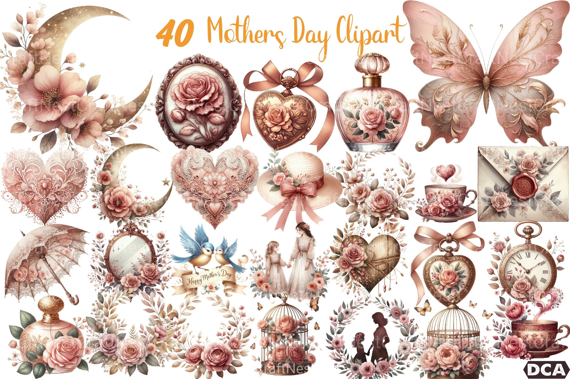 Vintage Dusty Rose Mother's Day Clipart Bundle - CraftNest - Digital Crafting and Art