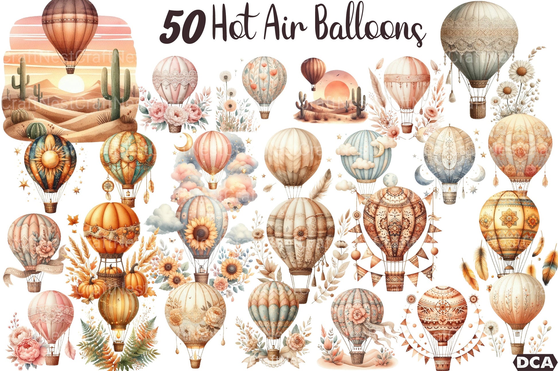 Boho Hot Air Balloons Clipart Bundle - CraftNest - Digital Crafting and Art