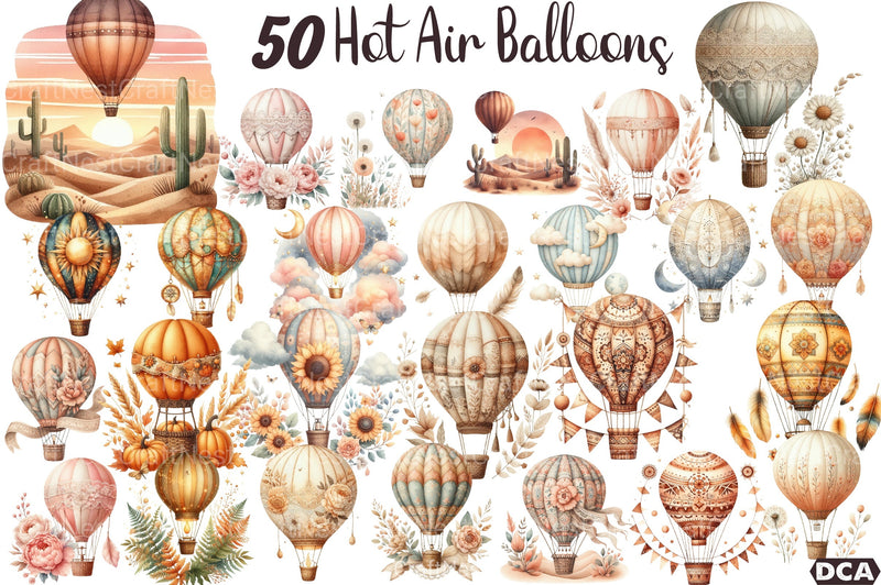 Boho Hot Air Balloons Clipart Bundle - CraftNest - Digital Crafting and Art