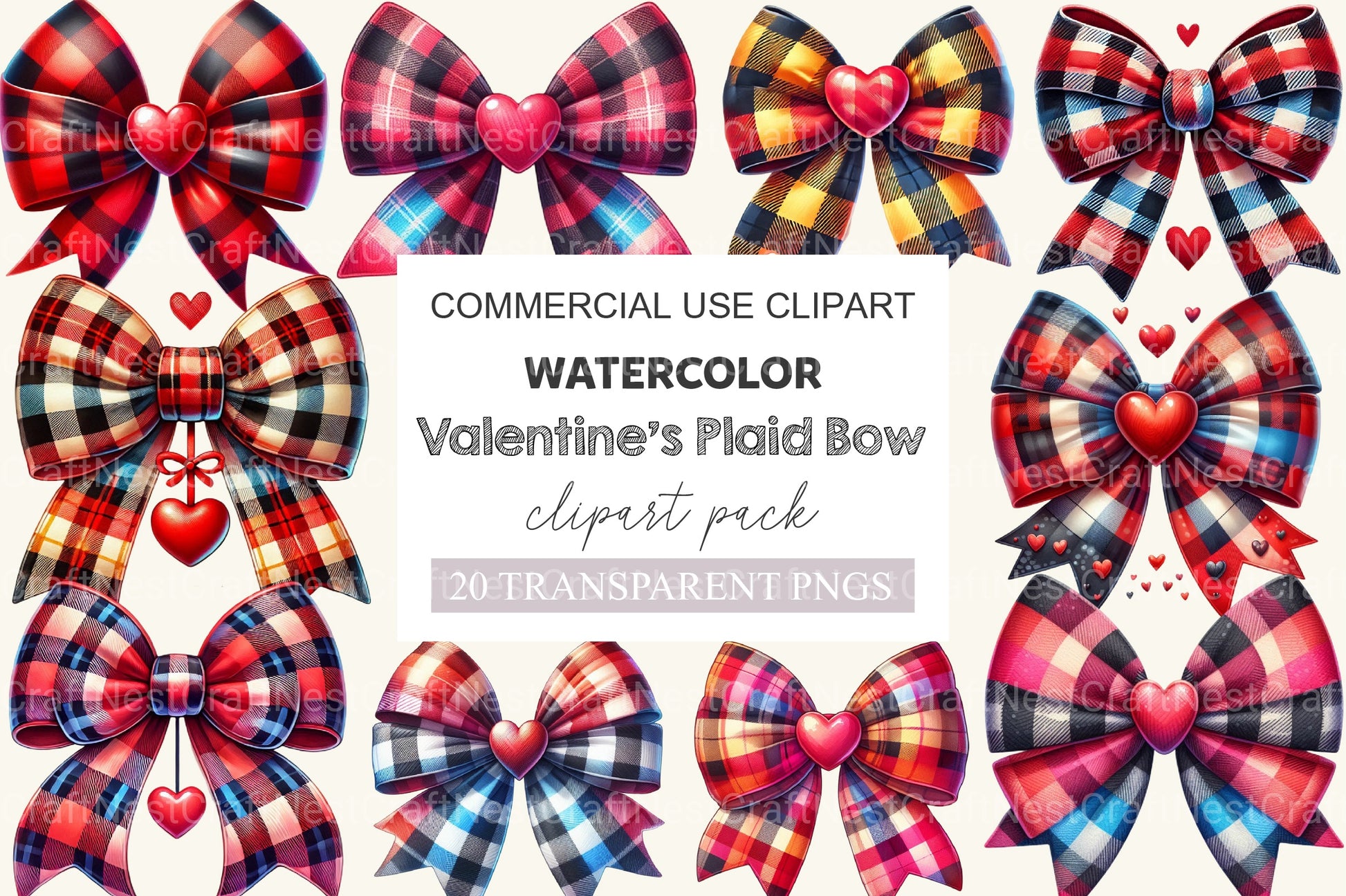 Valentine Buffalo Plaid Bow Clipart Bundle - CraftNest - Digital Crafting and Art