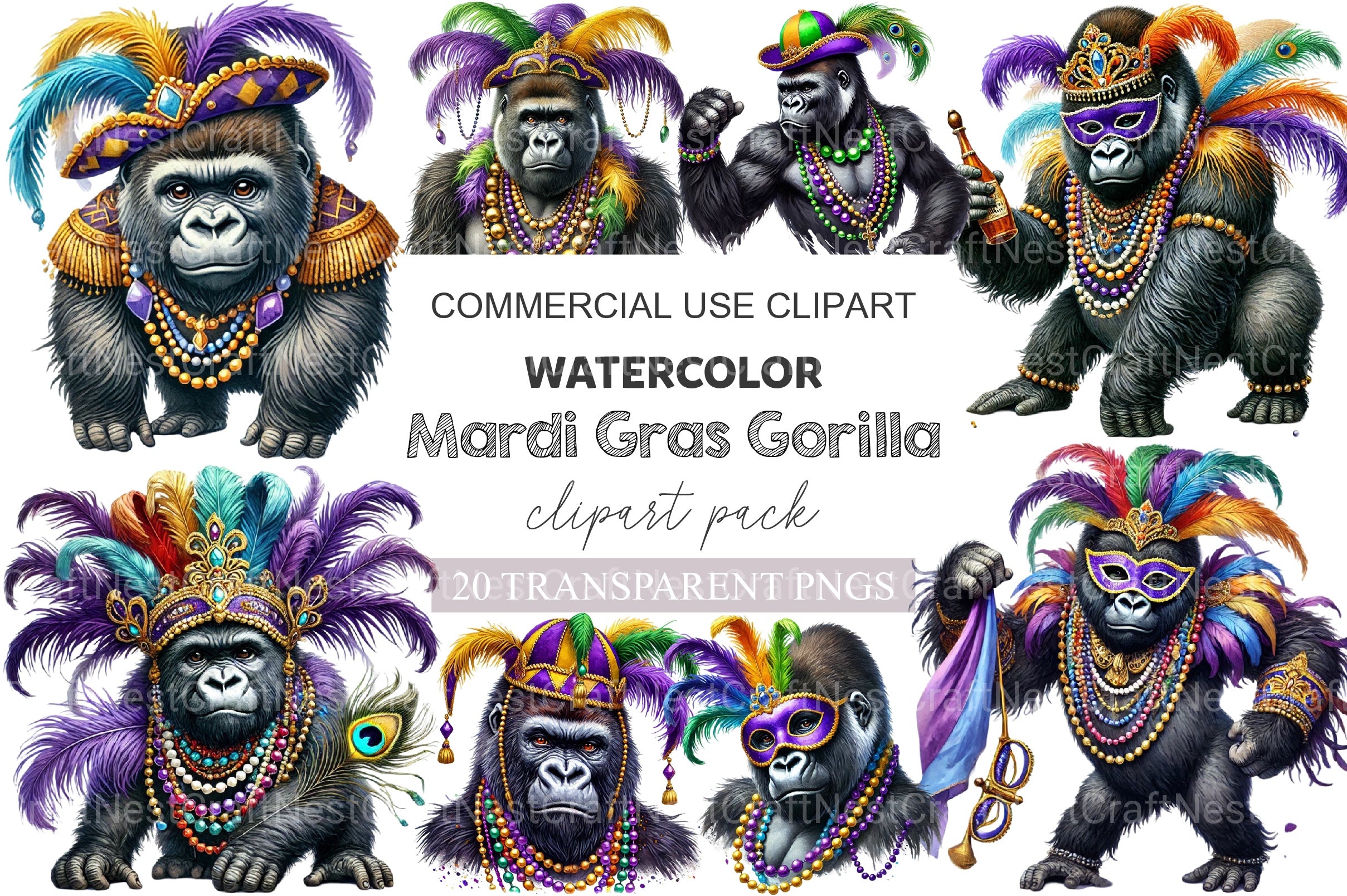 Mardi Gras Gorilla Clipart Bundle - CraftNest - Digital Crafting and Art