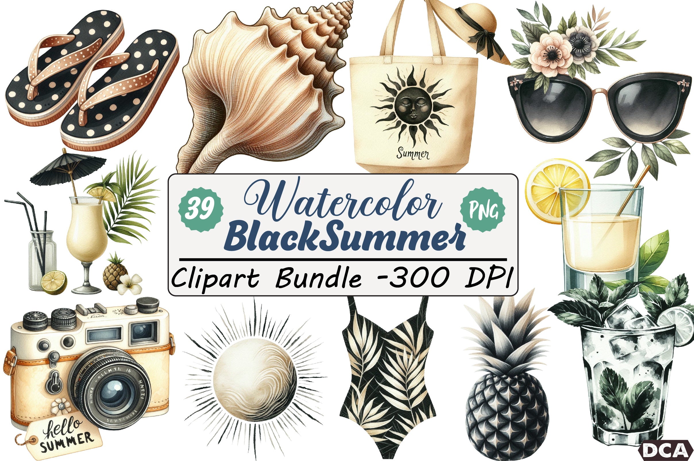Ivory and Black Hello Summer Clipart Bundle