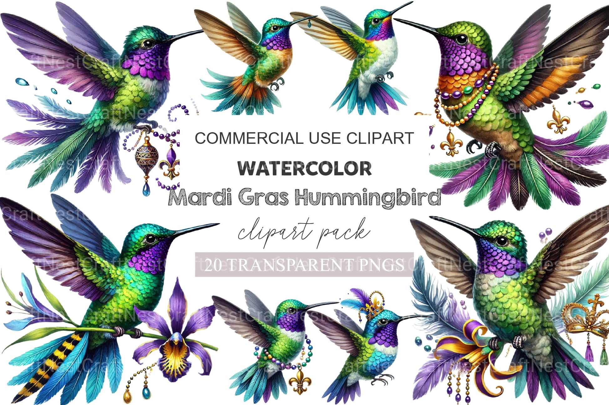 Mardi Gras Hummingbird Clipart Bundle - CraftNest - Digital Crafting and Art