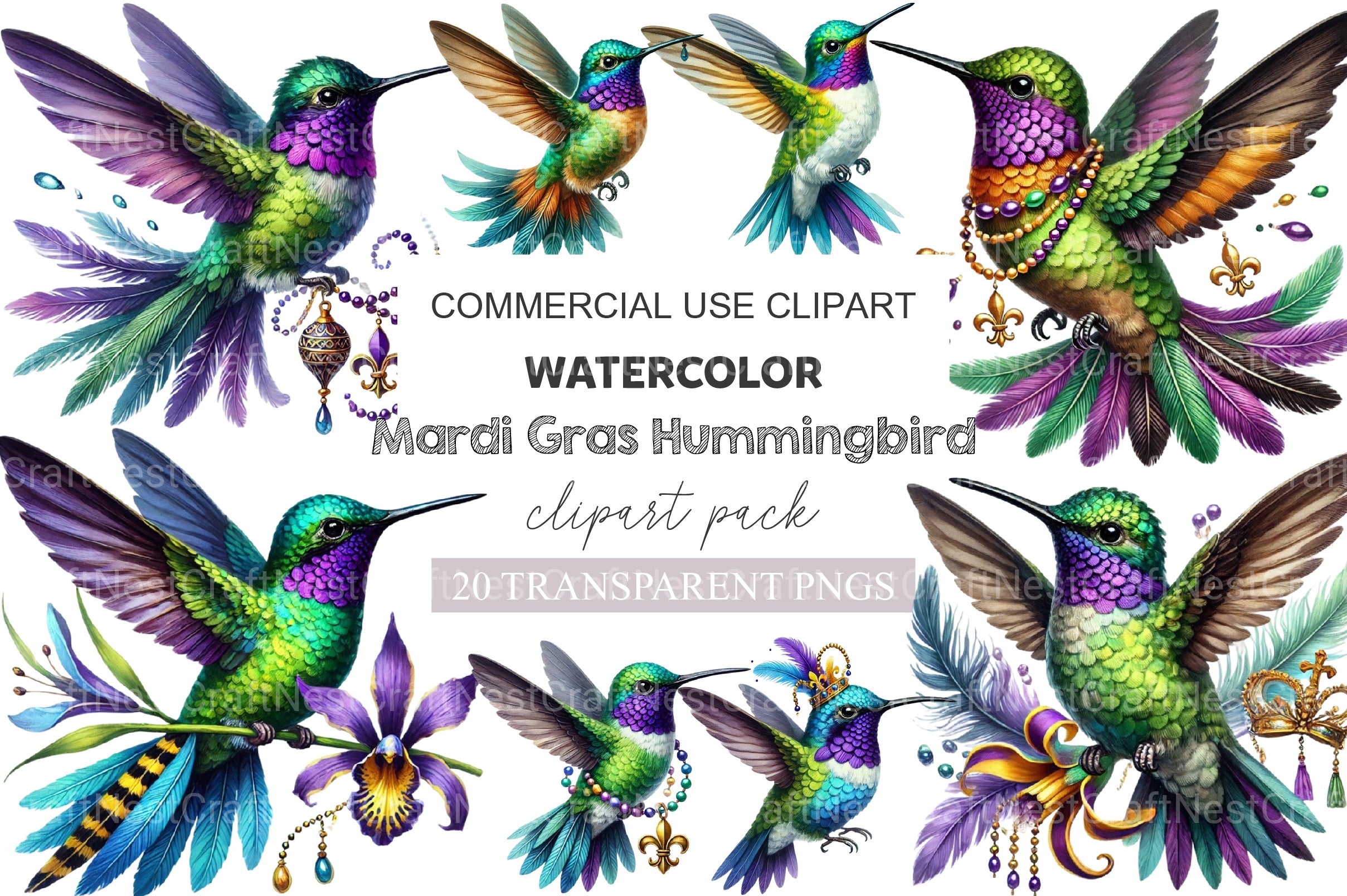 Mardi Gras Hummingbird Clipart Bundle - CraftNest - Digital Crafting and Art