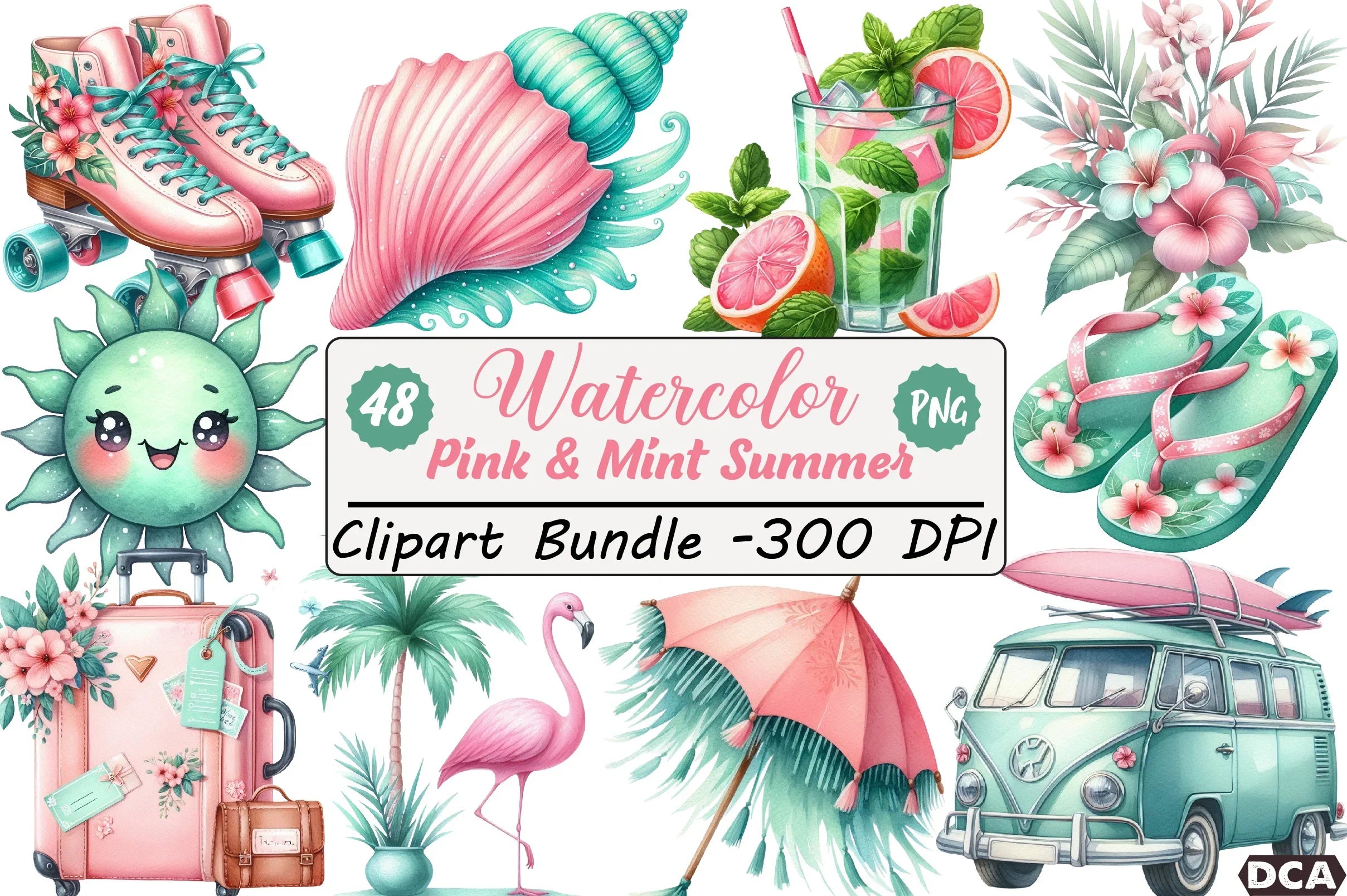 Pink & Mint Summer Clipart Bundle - CraftNest - Digital Crafting and Art