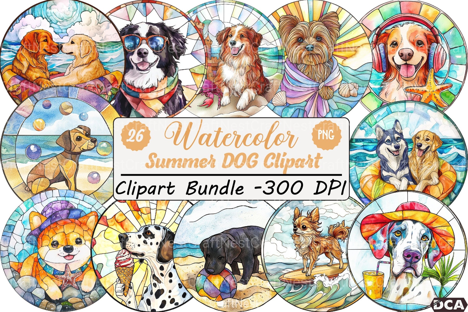 Round Stained Glass Summer Dog Clipart Bundle - CraftNest - Digital Crafting and Art