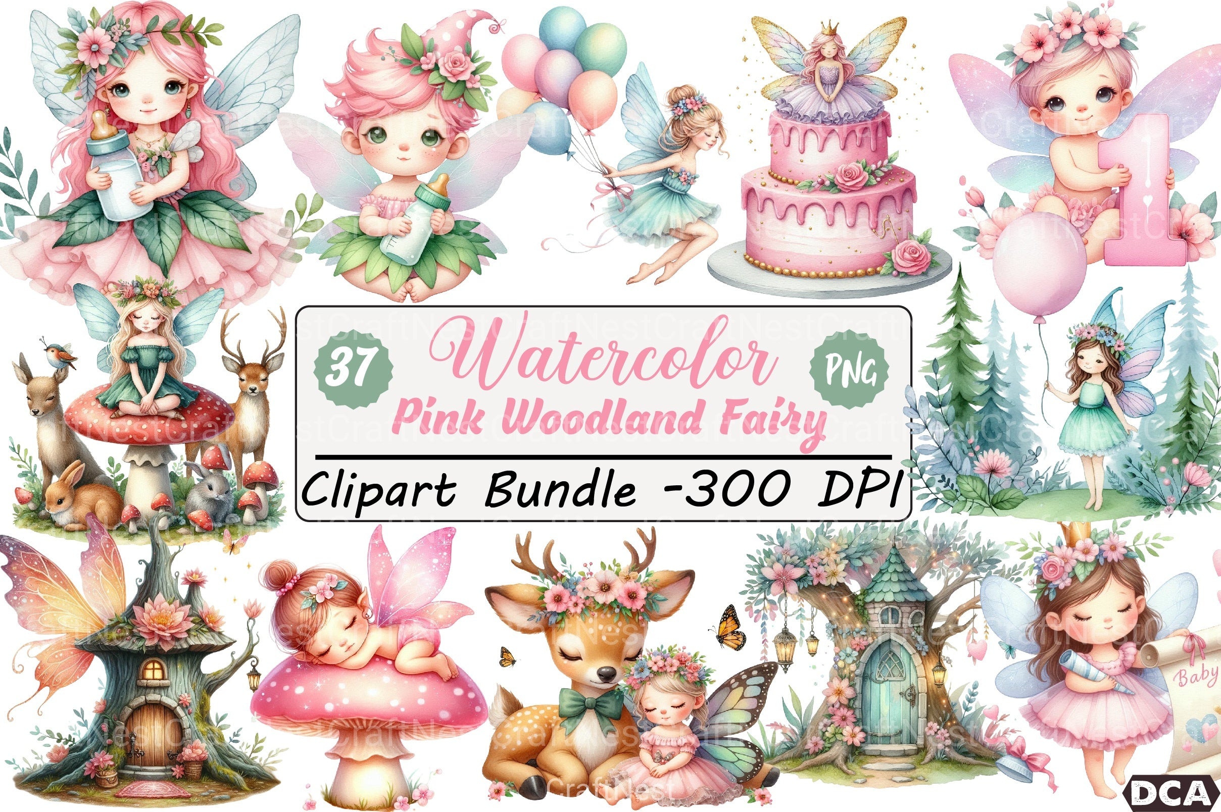 Pink Woodland Fairy Clipart Bundle - CraftNest - Digital Crafting and Art