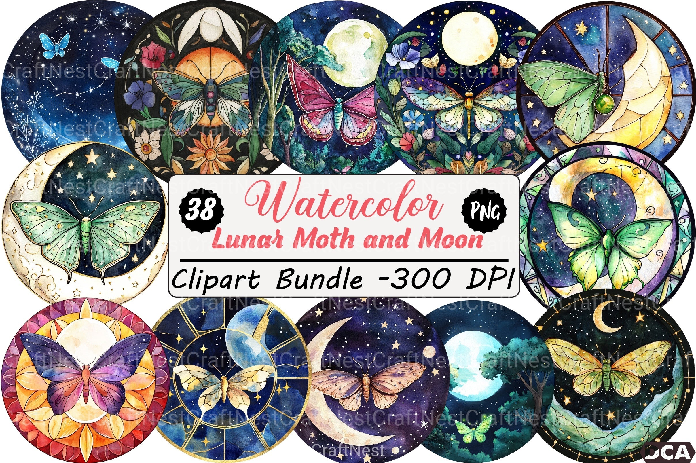 Lunar Moth & Moon Stained Glass Clipart Bundle - CraftNest - Digital Crafting and Art