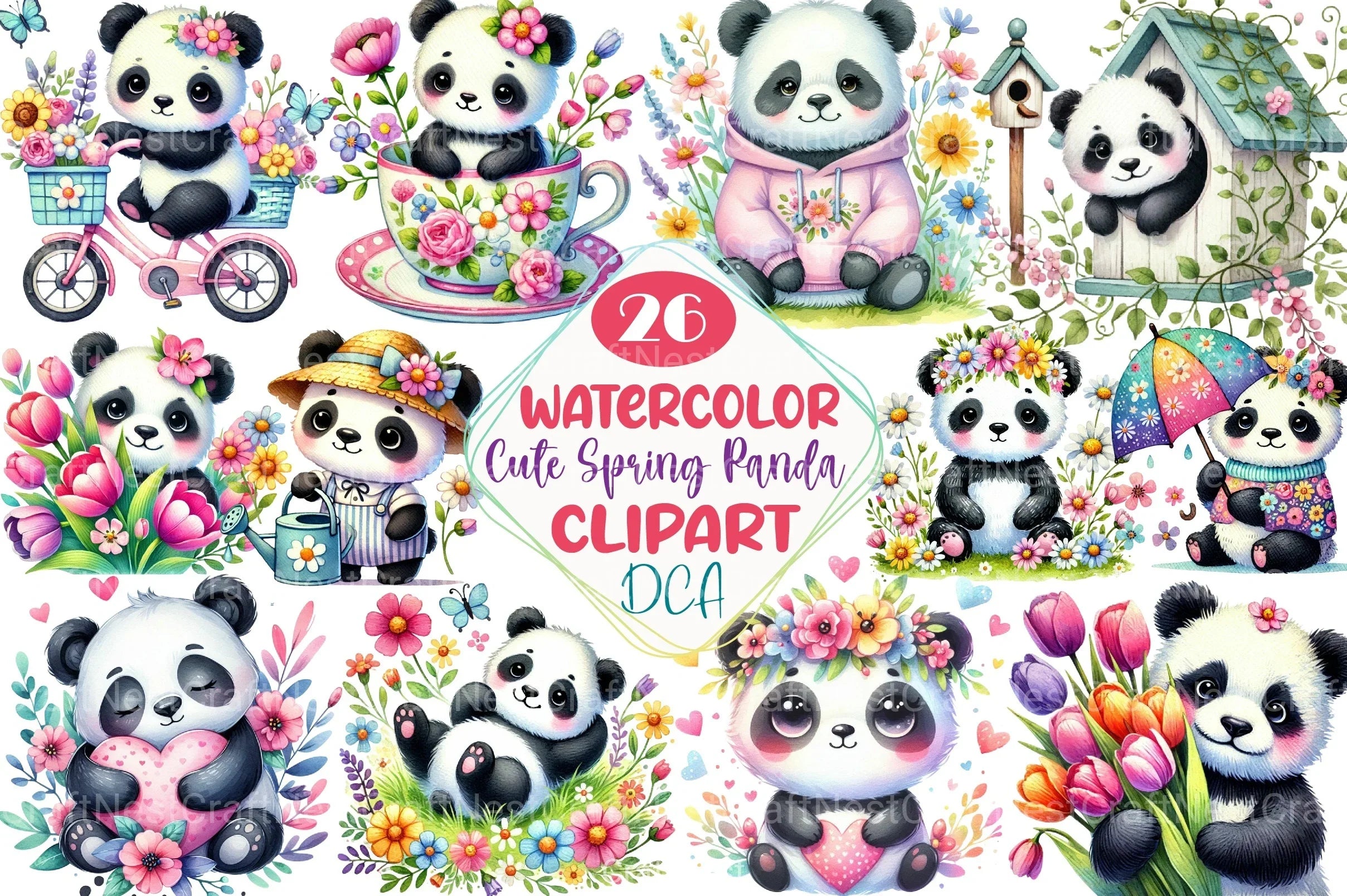 Springtime Panda Cute Spring Panda Clipart Bundle
