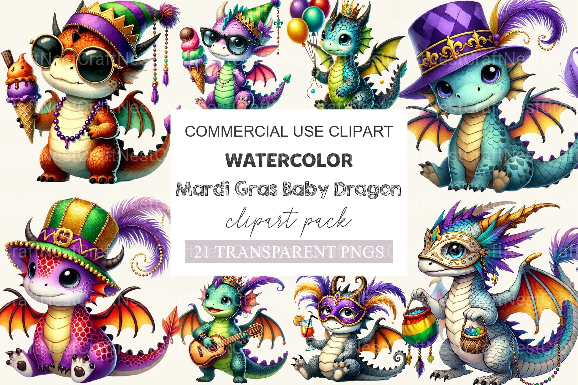 Mardi Gras Baby Dragon Clipart Bundle 2 - CraftNest - Digital Crafting and Art