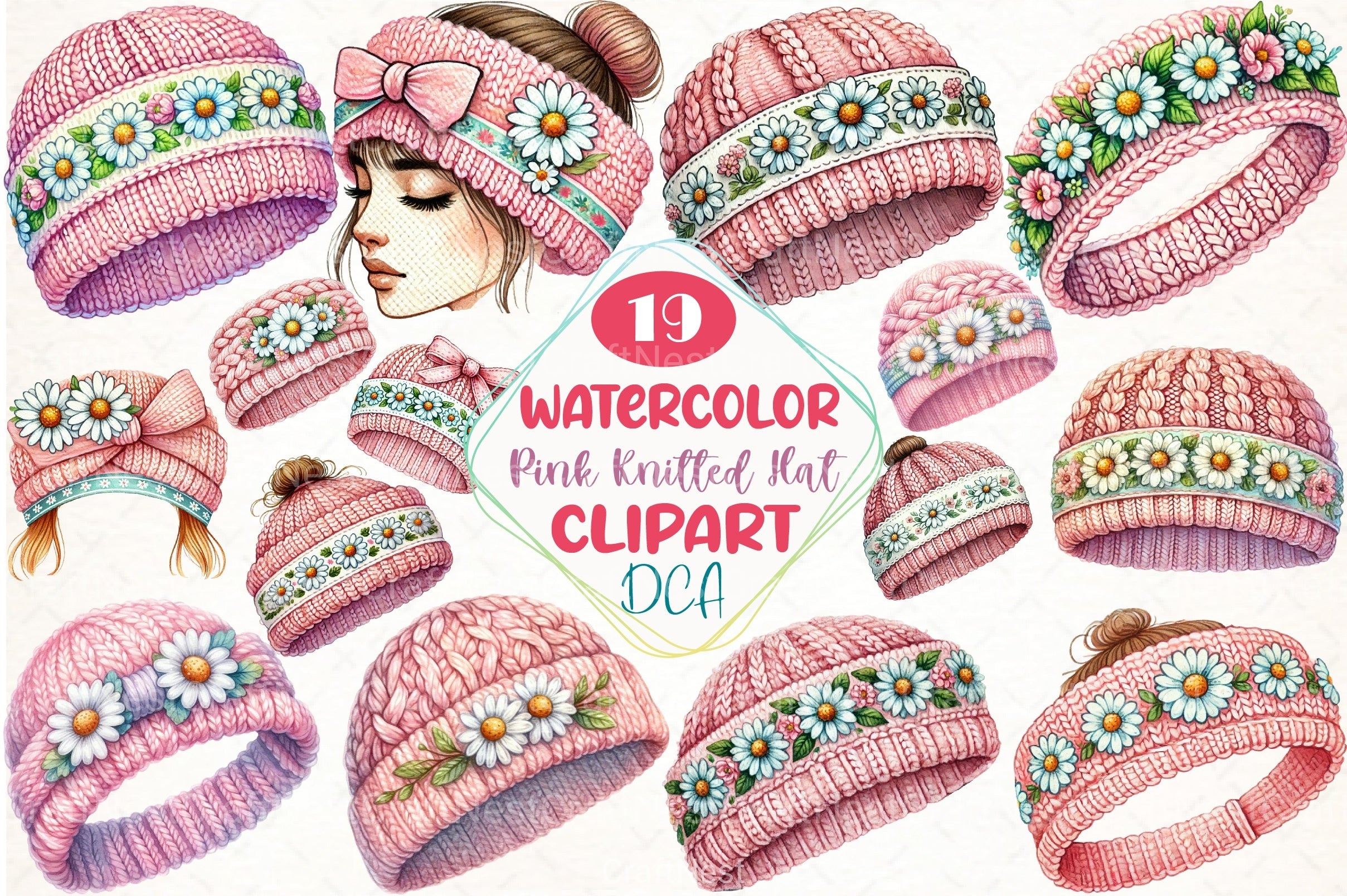 Pink Knitted Hat with Daisies Clipart Bundle - CraftNest - Digital Crafting and Art