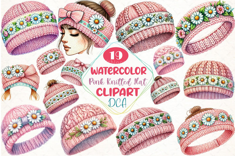 Pink Knitted Hat with Daisies Clipart Bundle - CraftNest - Digital Crafting and Art
