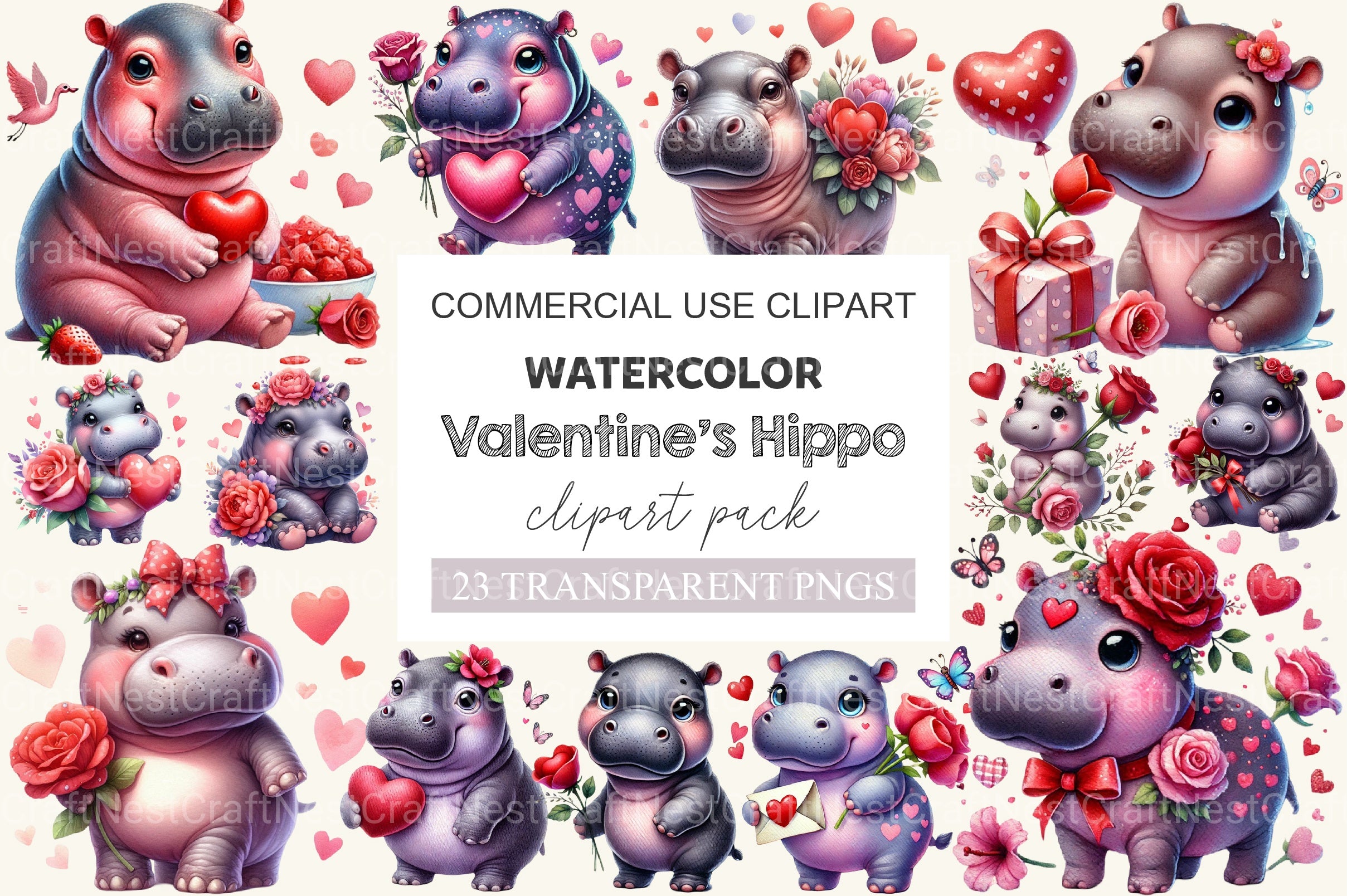 Valentine Hippo Clipart Bundle - CraftNest - Digital Crafting and Art