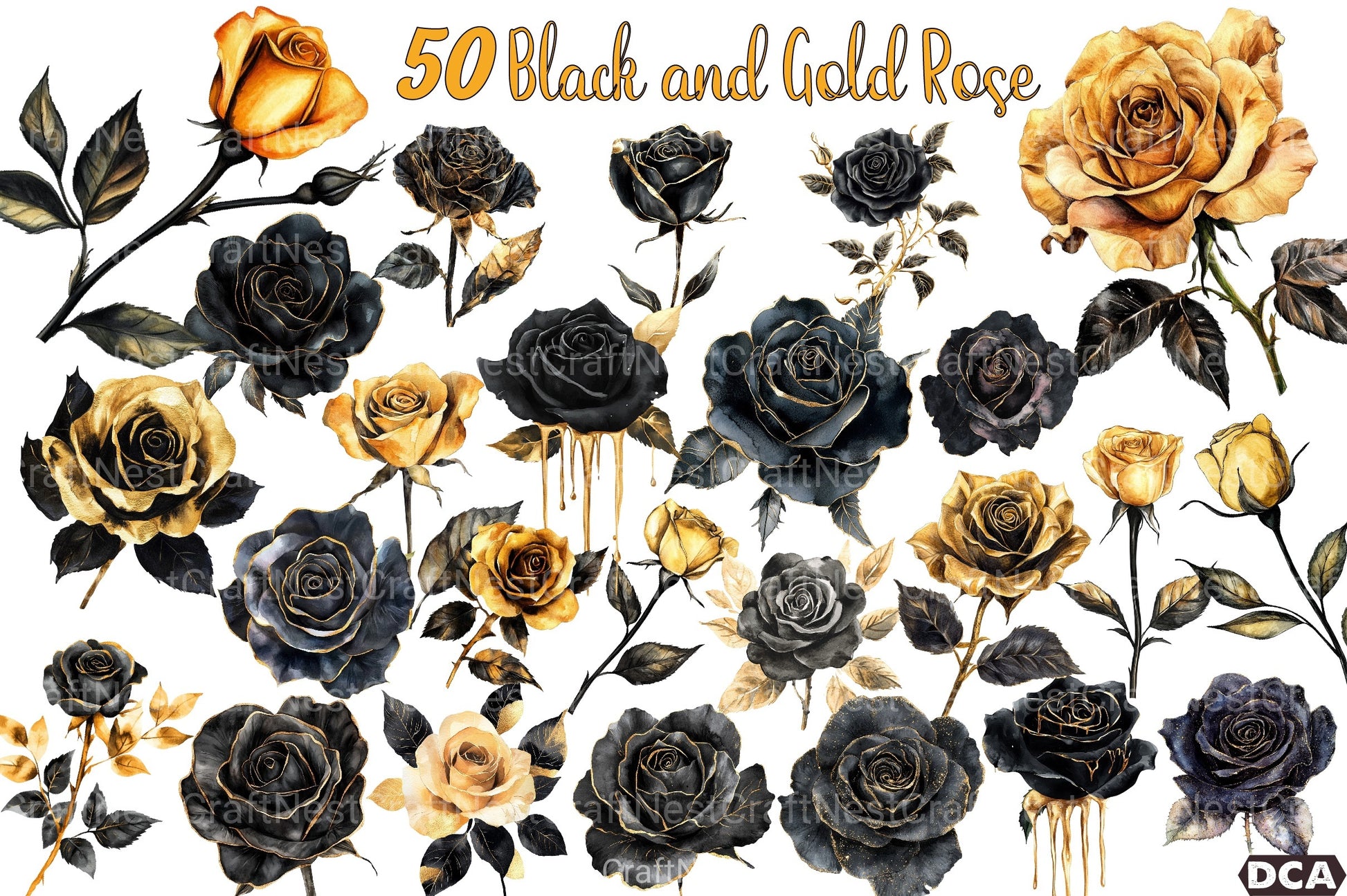 Black and Gold Rose Clipart Bundle - CraftNest - Digital Crafting and Art