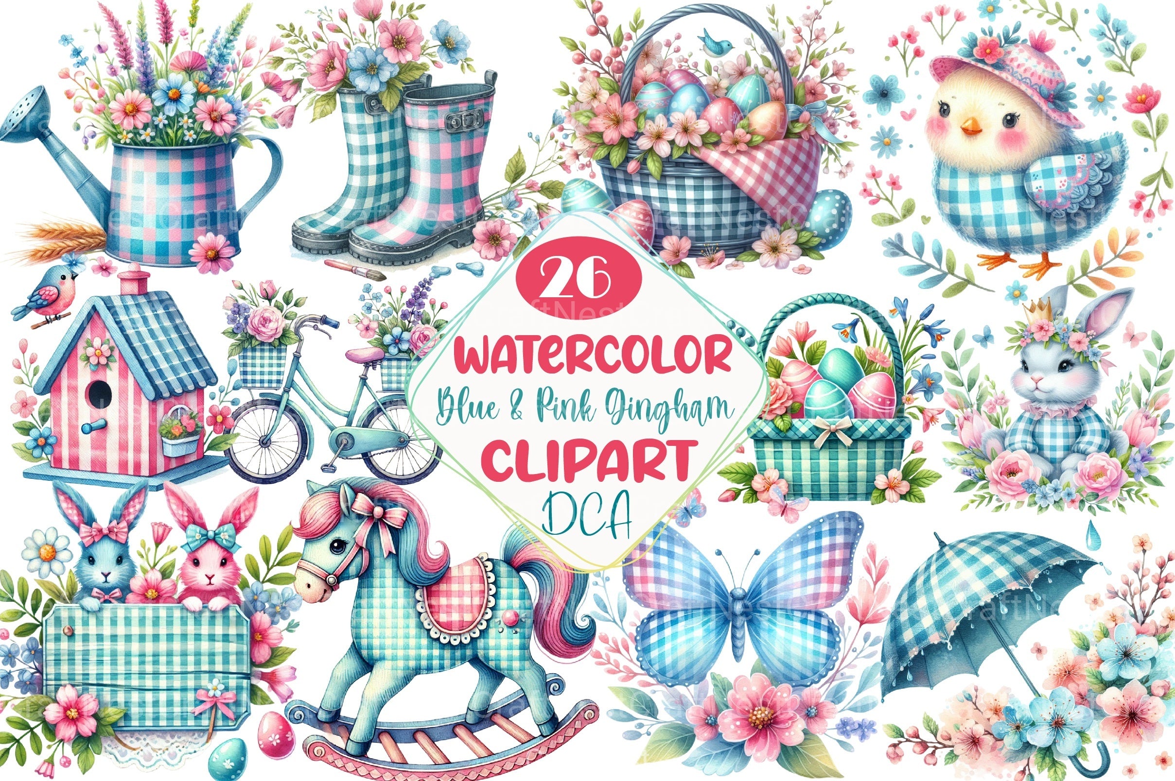 Blue & Pink Gingham Spring Clipart Bundle 7 - CraftNest - Digital Crafting and Art