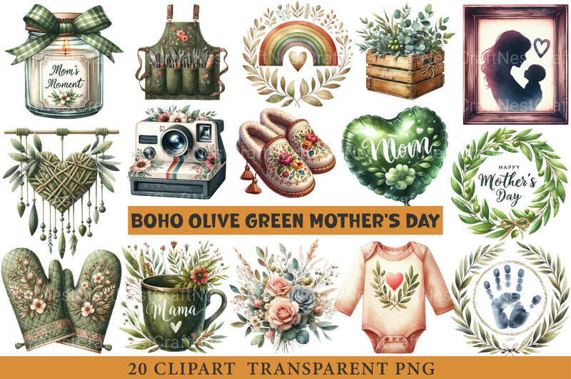 Boho Olive Green Mother’s Day Clipart - CraftNest - Digital Crafting and Art