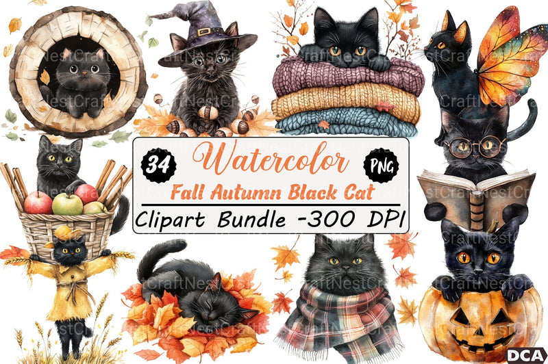 Fall Autumn Black Cat Clipart Bundle 1 - CraftNest - Digital Crafting and Art