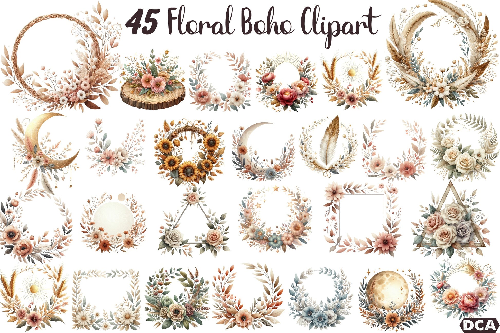 Boho Floral Frame Border Wreath Clipart Bundle - CraftNest - Digital Crafting and Art