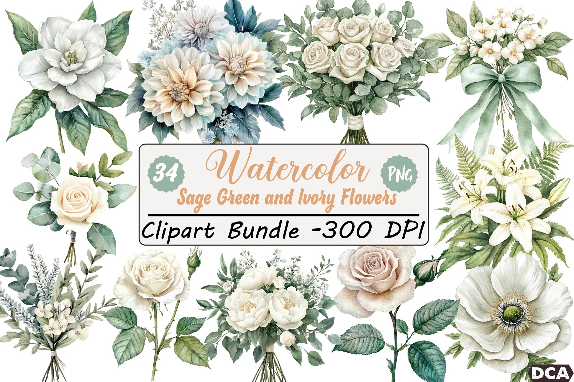 Sage Green and Ivory Floral Clipart Bundle - CraftNest - Digital Crafting and Art