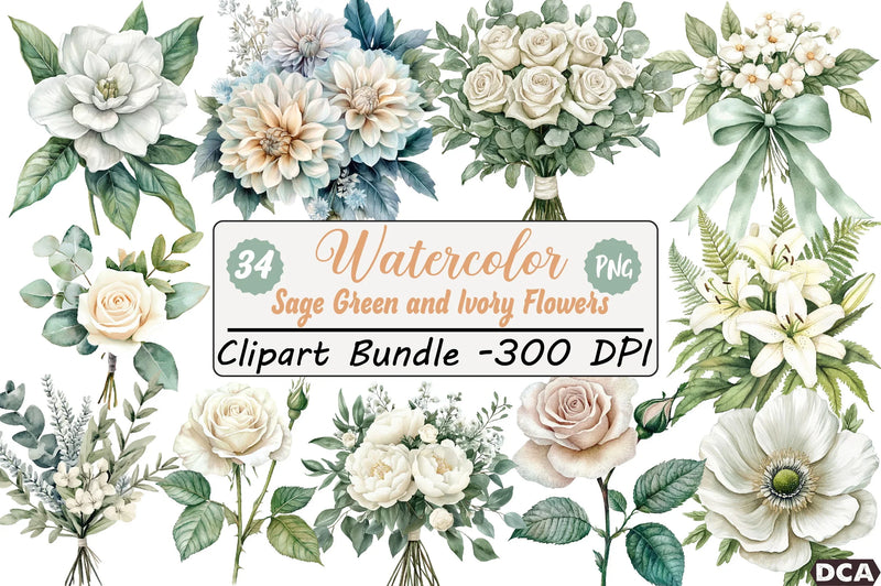 Sage Green and Ivory Floral Clipart Bundle - CraftNest - Digital Crafting and Art