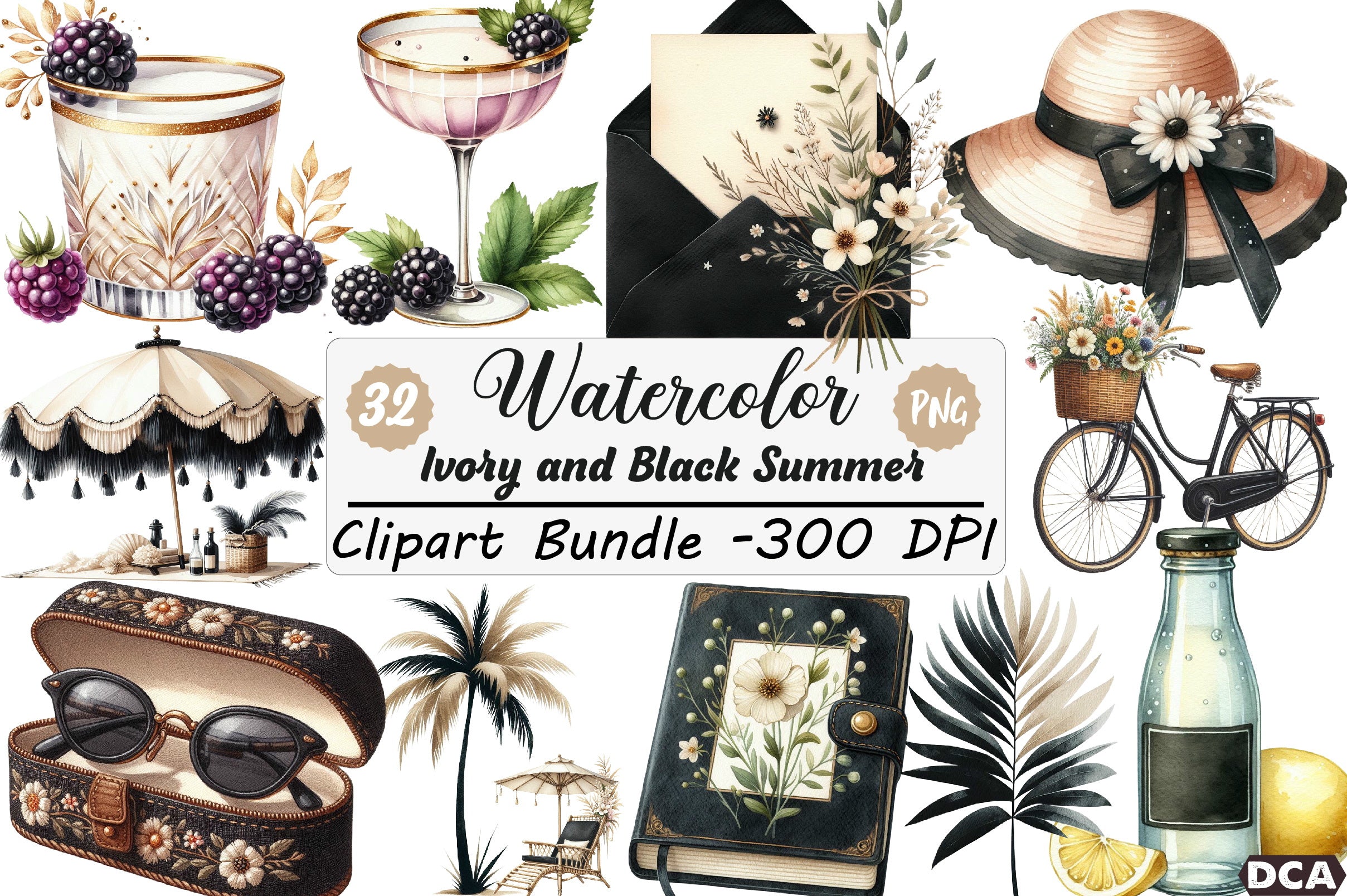 Ivory and Black Summer Clipart Bundle