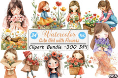 Cute Girl with Flowers Clipart Bundle - CraftNest - Digital Crafting and Art