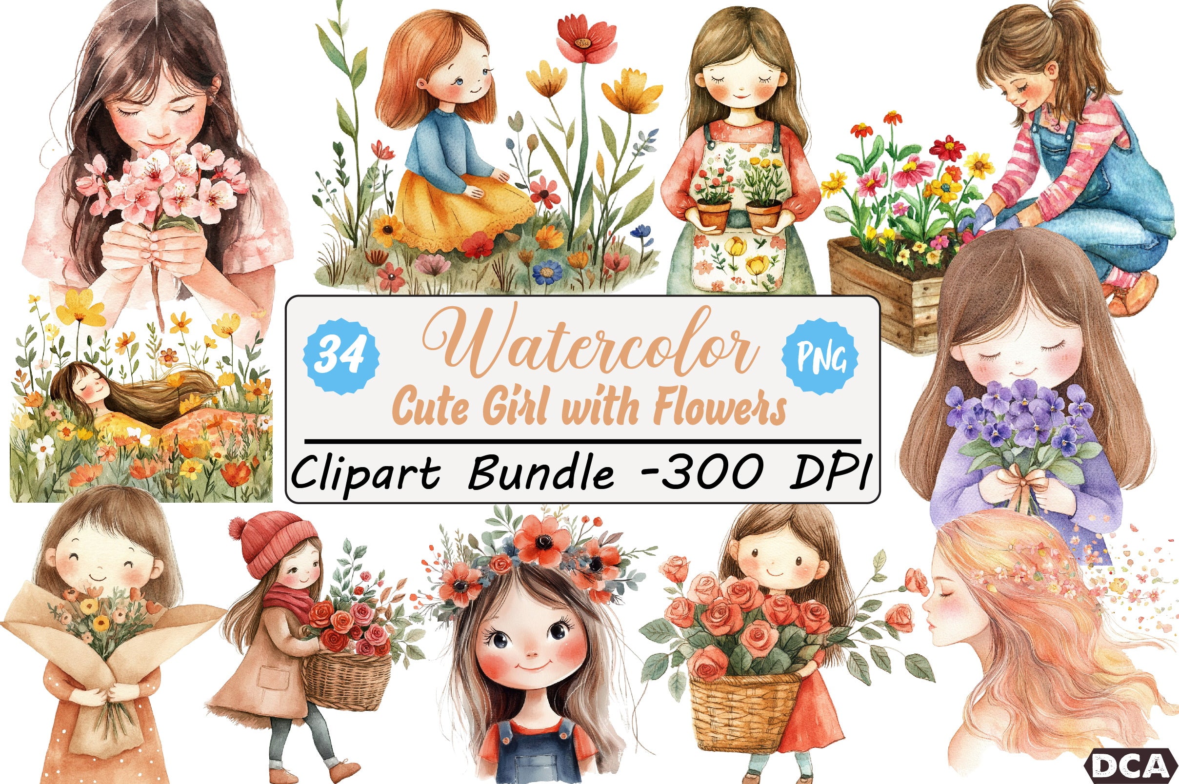 Cute Girl with Flowers Clipart Bundle
