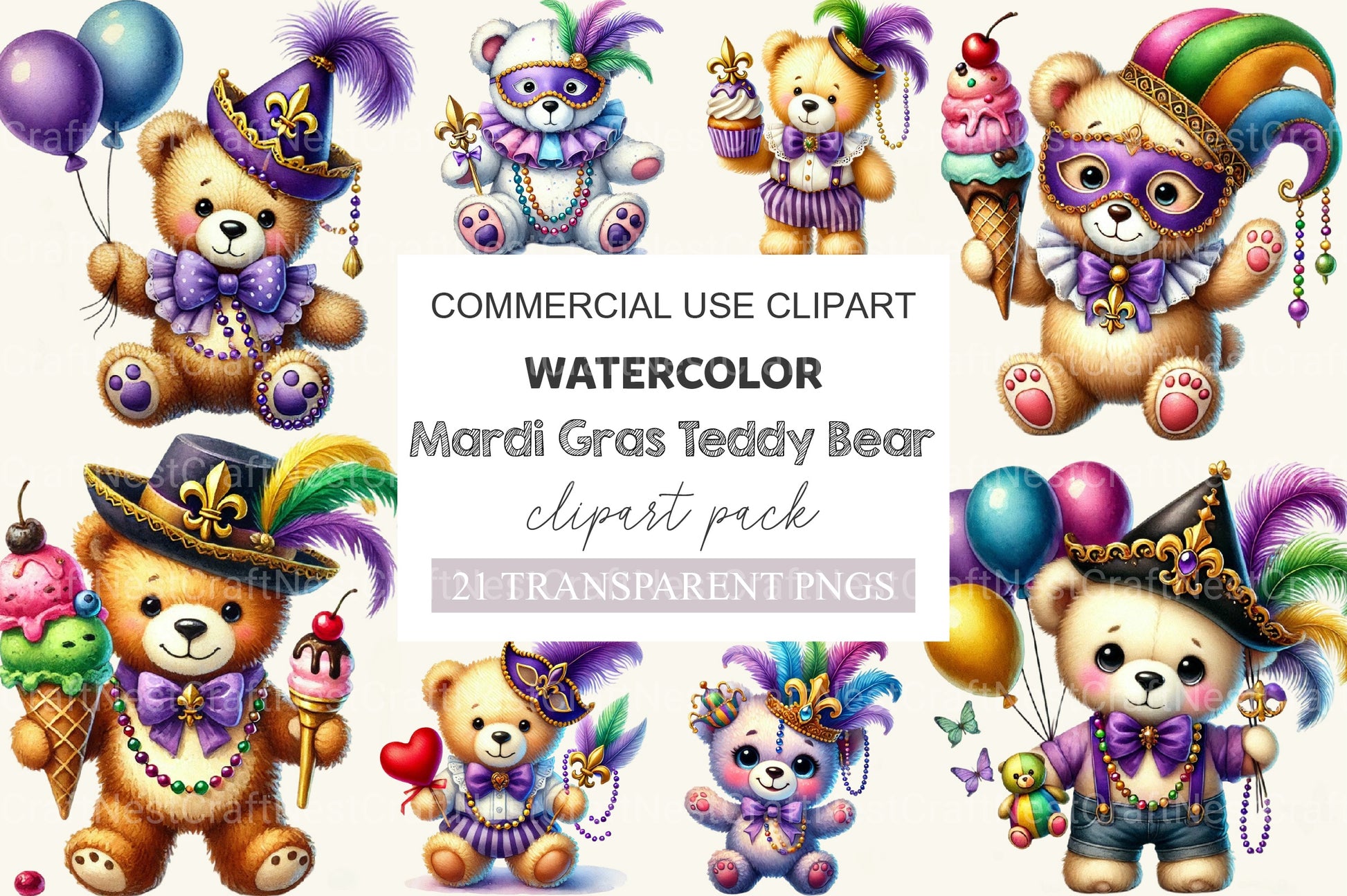 Mardi Gras Teddy Bear Clipart Bundle - CraftNest - Digital Crafting and Art
