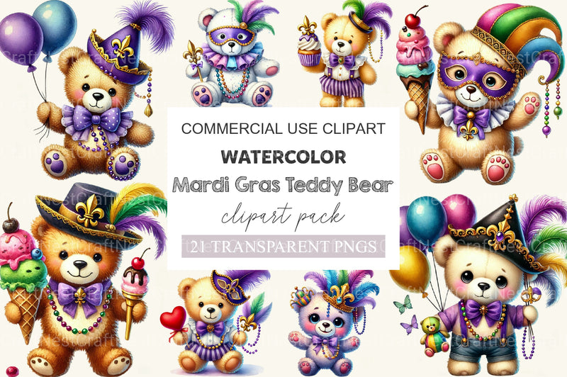 Mardi Gras Teddy Bear Clipart Bundle - CraftNest - Digital Crafting and Art